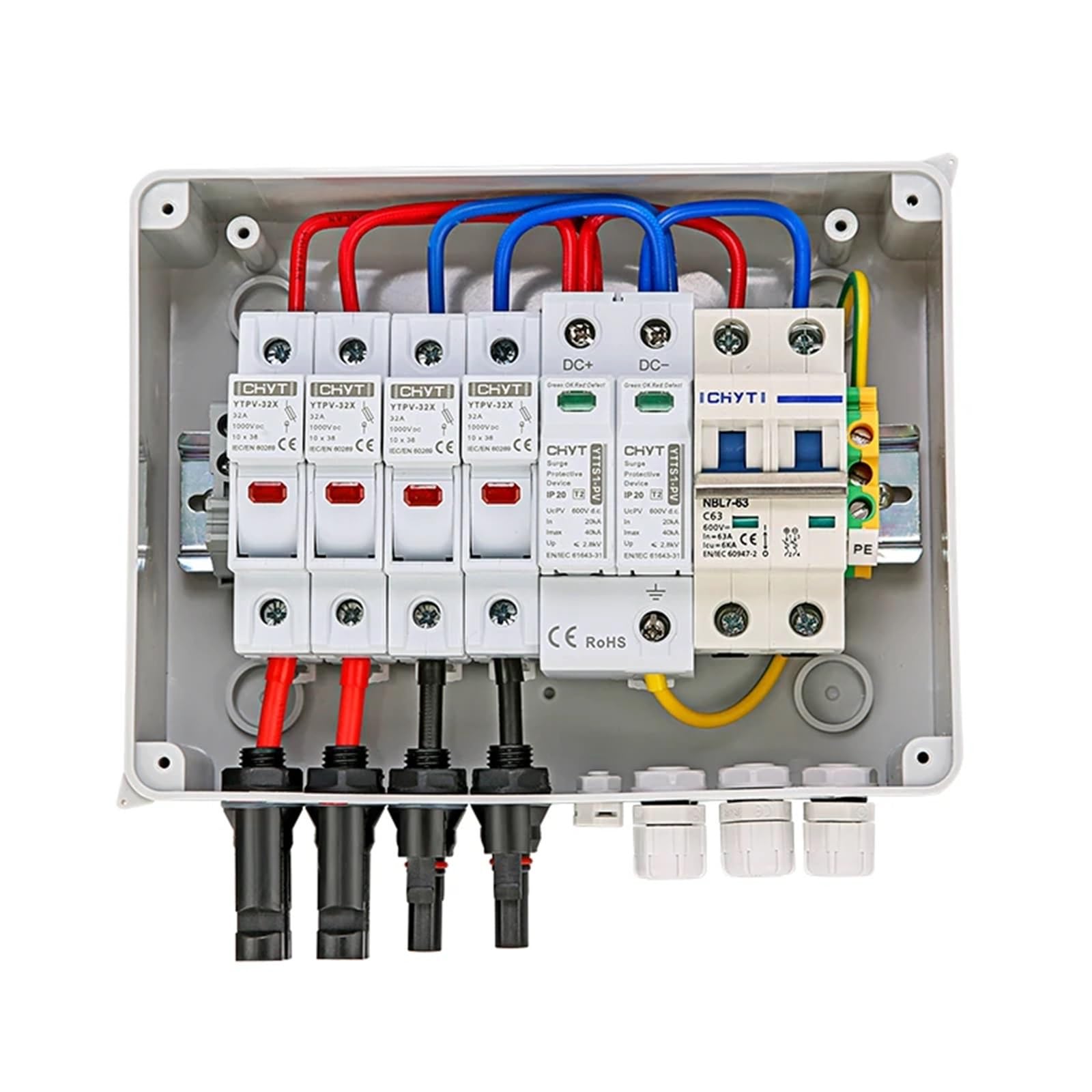 interruttore di sezionamento DC Quadro di combinazione fotovoltaico solare con protezione contro i fulmini, 2 ingressi, 1 uscita, fusibile CC 600 V, MCB, SPD, scatola impermeabile