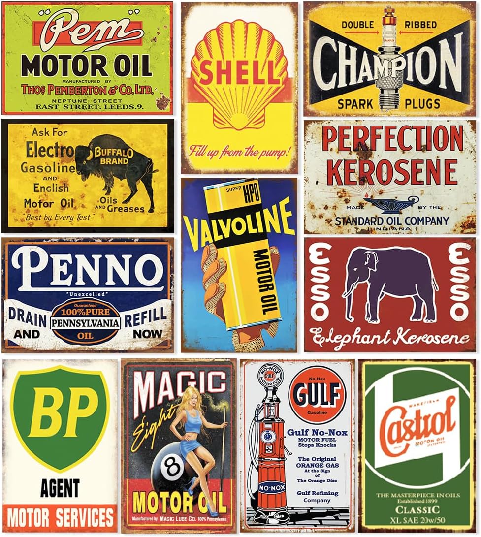 12 piezas de letreros de lata de aceite de gas vintage reproducidos para automóvil, decoración de garaje para el hogar bar hombre cueva (búfalo)