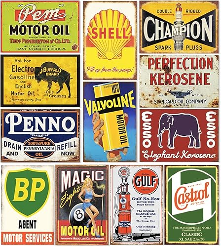 12 piezas de letreros de lata de aceite de gas vintage reproducidos para automóvil, decoración de garaje para el hogar bar hombre cueva (búfalo)