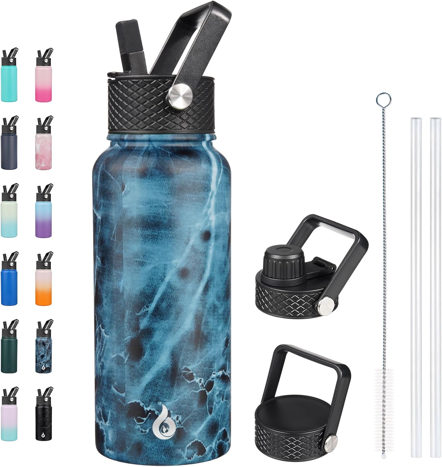 BJPKPK Insulated Water Bottles with Straw Lid, 32oz Metal Large Water Bottle with 3 Lids, Reusable Leak Proof BPA Free Thermo, Stainless Steel Tumblers for Sports, Gym, Travel-Ocean