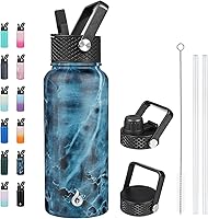 Vista 12 de BJPKPK - Botellas de agua aisladas con tapa con popote, botella grande de metal de 32 onzas con 3 tapas, termo reutilizable sin fugas y sin BPA