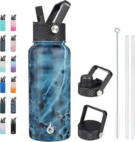 Miniatura 12 de BJPKPK Botellas de agua aisladas con tapa con pajilla, termo frío y caliente de 22 onzas, botella de agua de metal de acero inoxidable con 3 tapas,