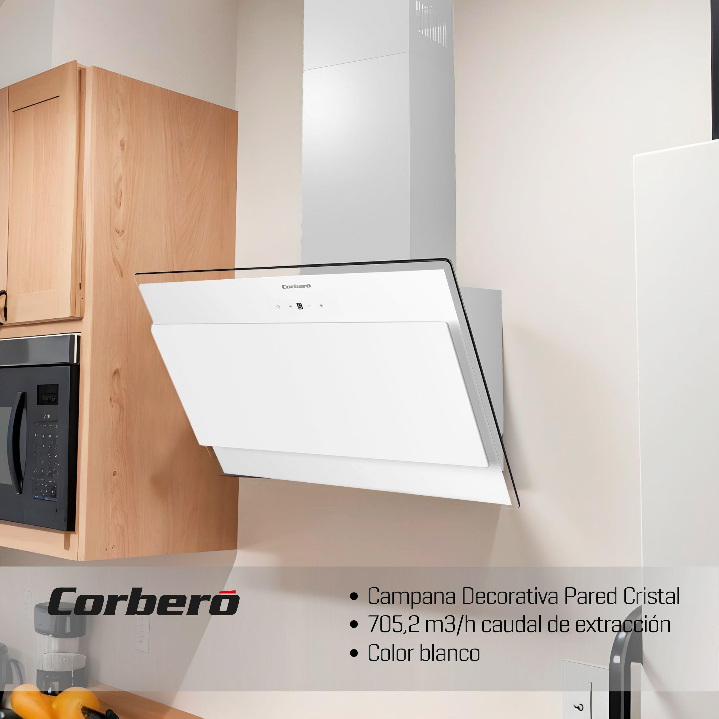 Corbero - Campana Extractora 60 cm | ONEGA675W | 705.2 m3/h | 66db| 230W | 4 Velocidades | Control Tactil| Vidrio Templado | 1 Filtro Aluminio + 1 Filtro Carbón | Blanco