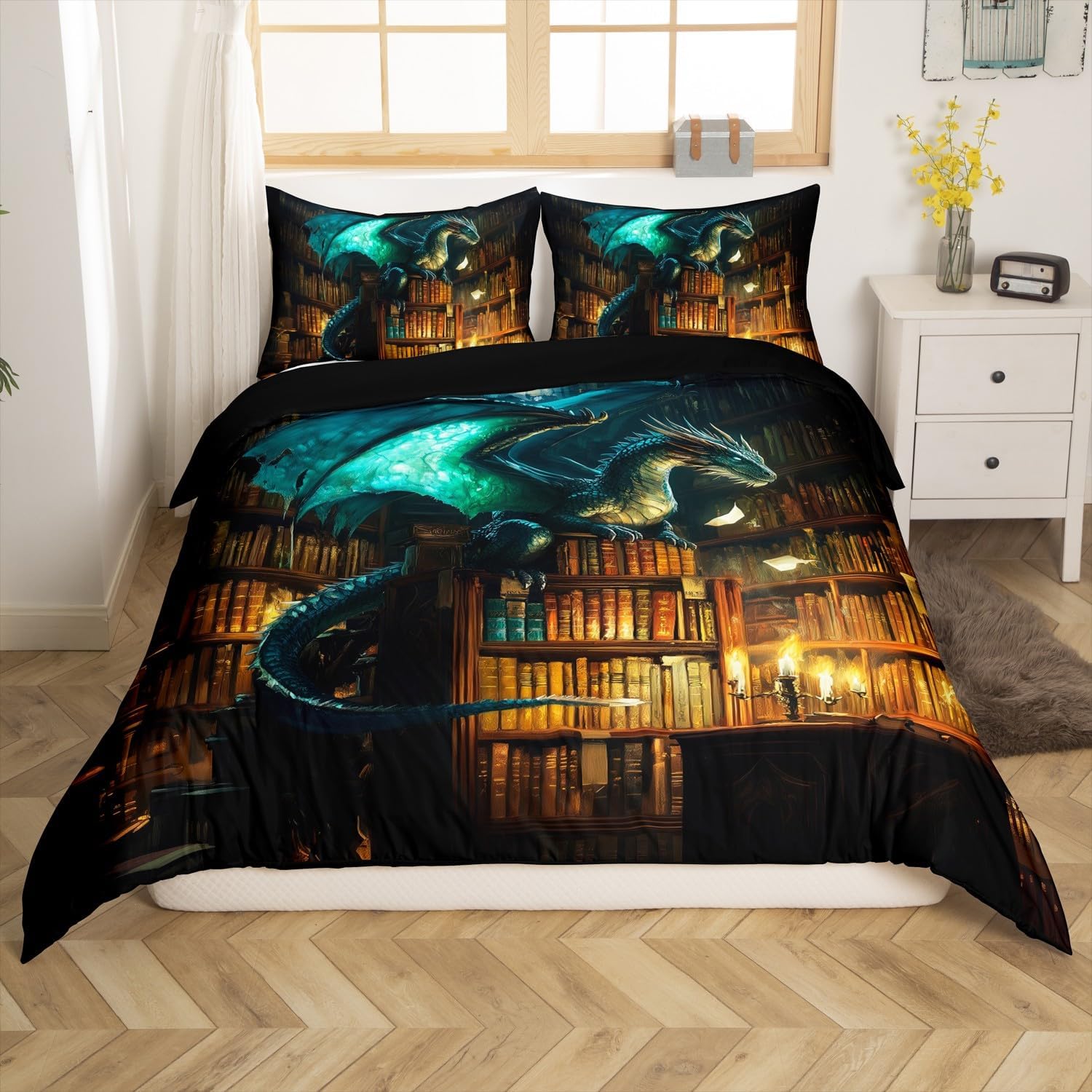 Dragon Duvet Cover Set Toddler Size,Castle Bookshelf Bedding Set(No Comforter),Mysterious Magical Theme Quilt Cover for Kids Bedroom Decor,2 Pcs