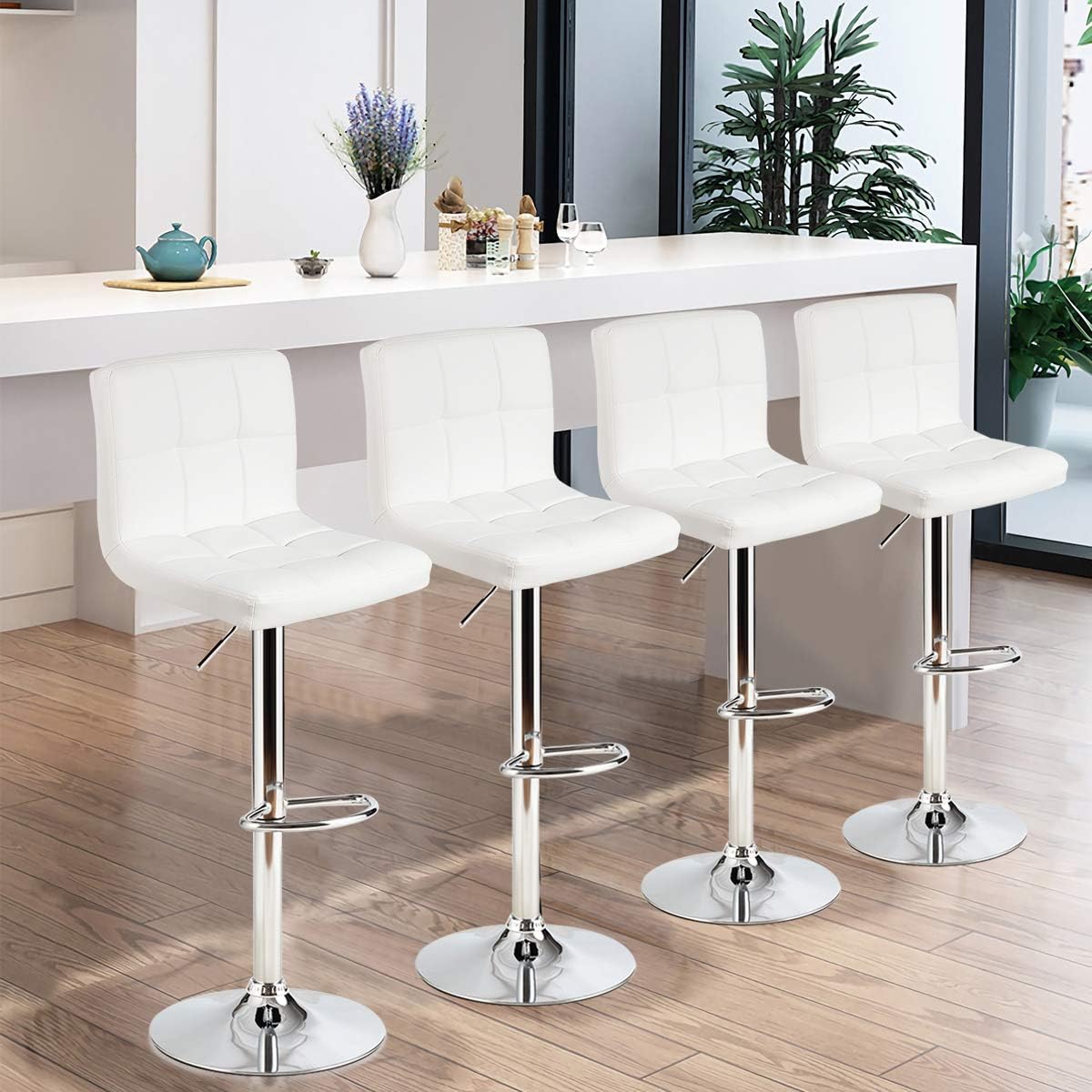 COSTWAY Adjustable Bar Stools Set of 4, Modern Swivel PU Leather Bar Chair with Backrest, Soft Cushioned Seat, Footrest, Sturdy Metal Frame, Comfortable Barstools for Kitchen Island, Pub, White