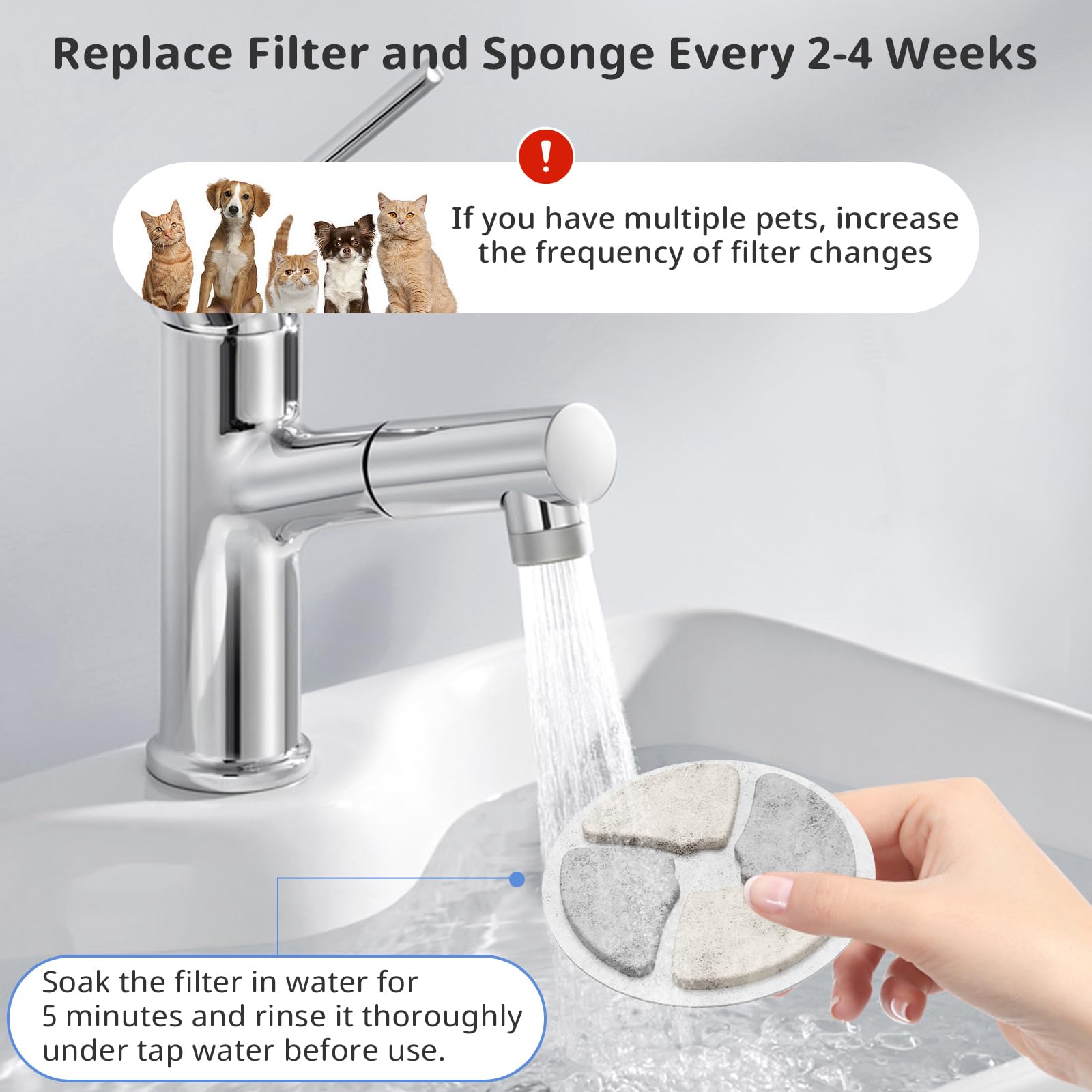 Filtros de fuente de agua de acero inoxidable para gatos, paquete de 5 filtros de repuesto para fuente automática redonda de 2L/67 onzas, filtro con sistema de triple filtración (5+5+5)