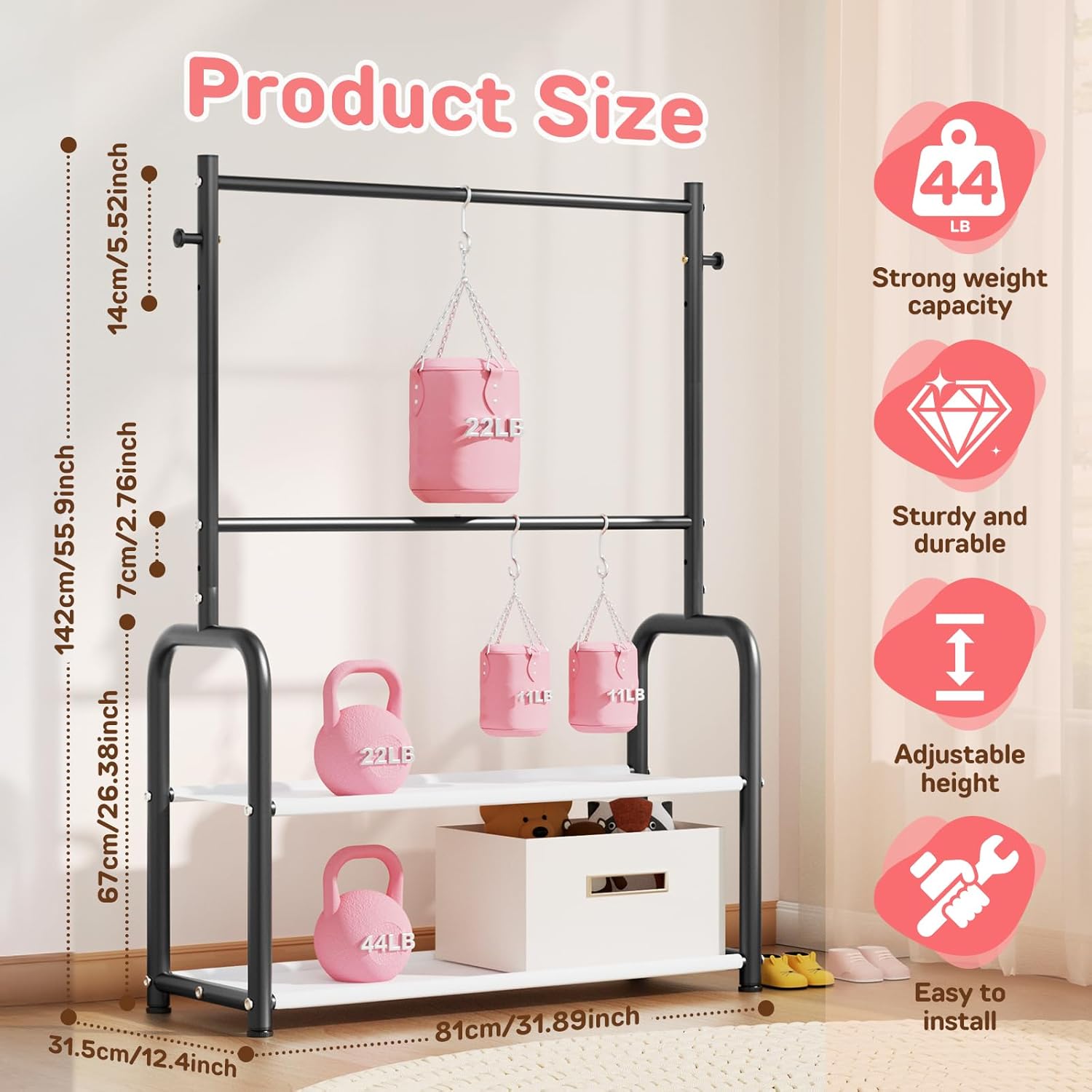 Kids Clothing Rack with 2-Layer Storage Shelf and 2 Adjustable Hanging Rods,Dress Up Rack for Hanging Clothes,Dress up Storage for Baby Toddle Kids(Classic, Black)