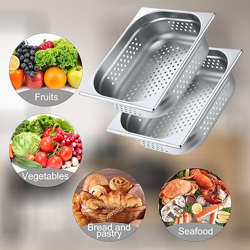 Miniatura 7 de Lounsweer Paquete de 2 sartenes de tamaño medio para hotel, bandeja perforada de acero inoxidable, bandeja de vapor para catering comercial,