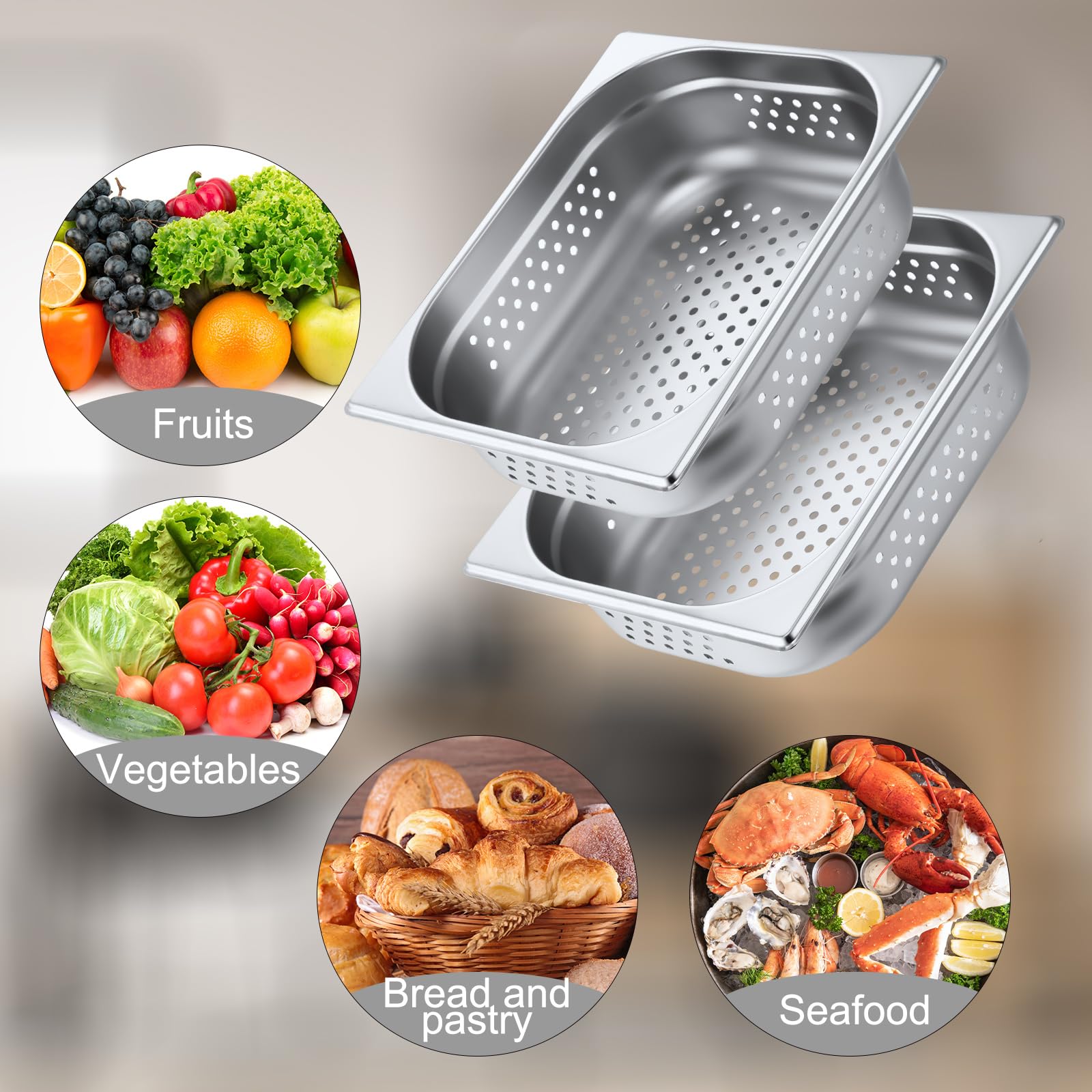 Lounsweer Paquete de 2 sartenes de vapor perforadas de acero inoxidable de tamaño completo, mesa de vapor perforada, sartén de alimentos para catering comercial, bandeja de alimentos para suministros