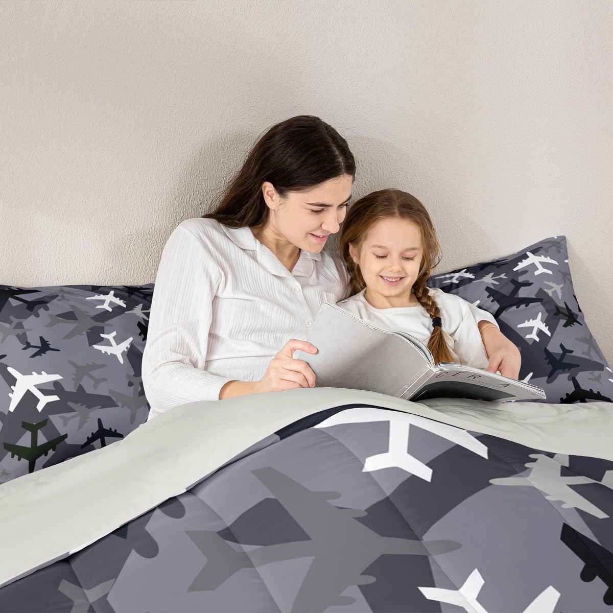 Black Grey White Camouflage Comforter Set Queen Size Kids Aircraft Bedding Set 3Pcs Boys Teens Men Room Decor Army Camo Airplane Quilt Set Cartoon Flying Theme Duvet Insert,2 Pillowcases
