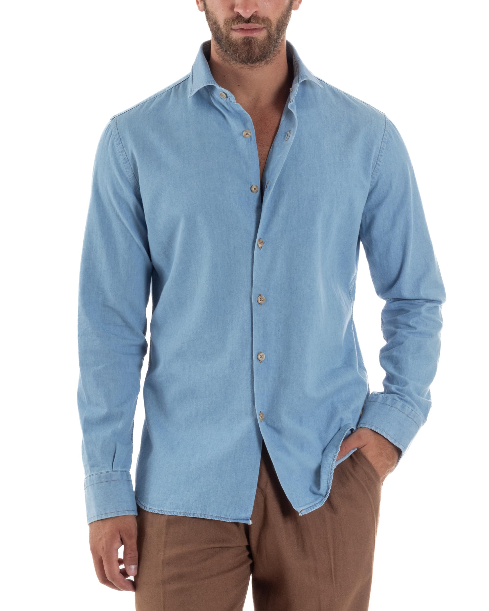 Camicia Uomo Jeans Collo Francese Denim Cotone Casual
