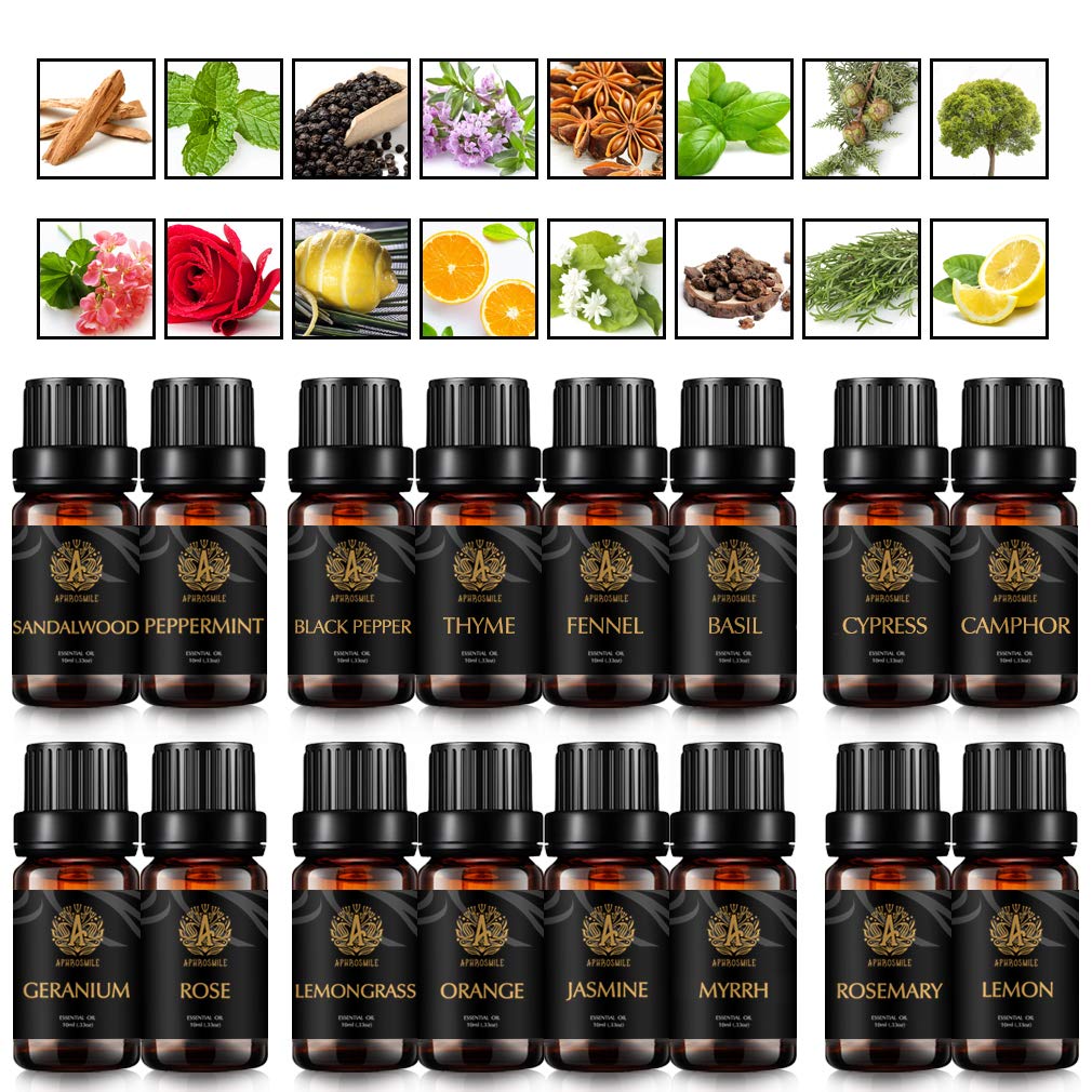 Top 16x10ml Aromatherapie Pfefferminze ätherische Öle Set für Diffusor, 100% reine Zypresse ätherisches Öl Kit für Luftbefeuchter-Jasmin, Myrrhe, Sandelholz, Kampfer, Thymian, Fenchel Öle... Set