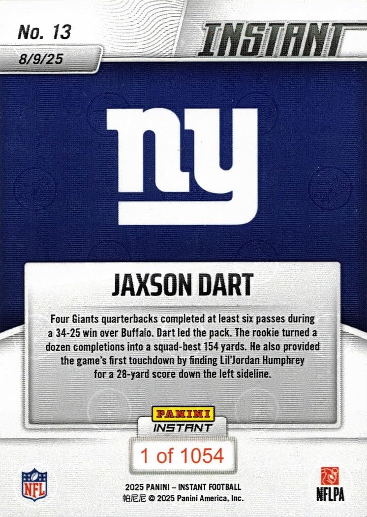 2025 Panini Instant Football #13 Jaxson Dart Rookie Card Giants - Only 1,054 made!