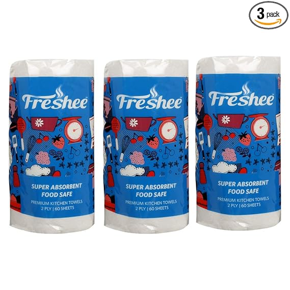Freshee 60 Sheet Kitchen Towel Tissue Paper Pack Of 3, Hygienic Fresh Environment Friendly Water Dissolvable Disposable Dry Tissue Roll Made With 100% Virgin Fibre