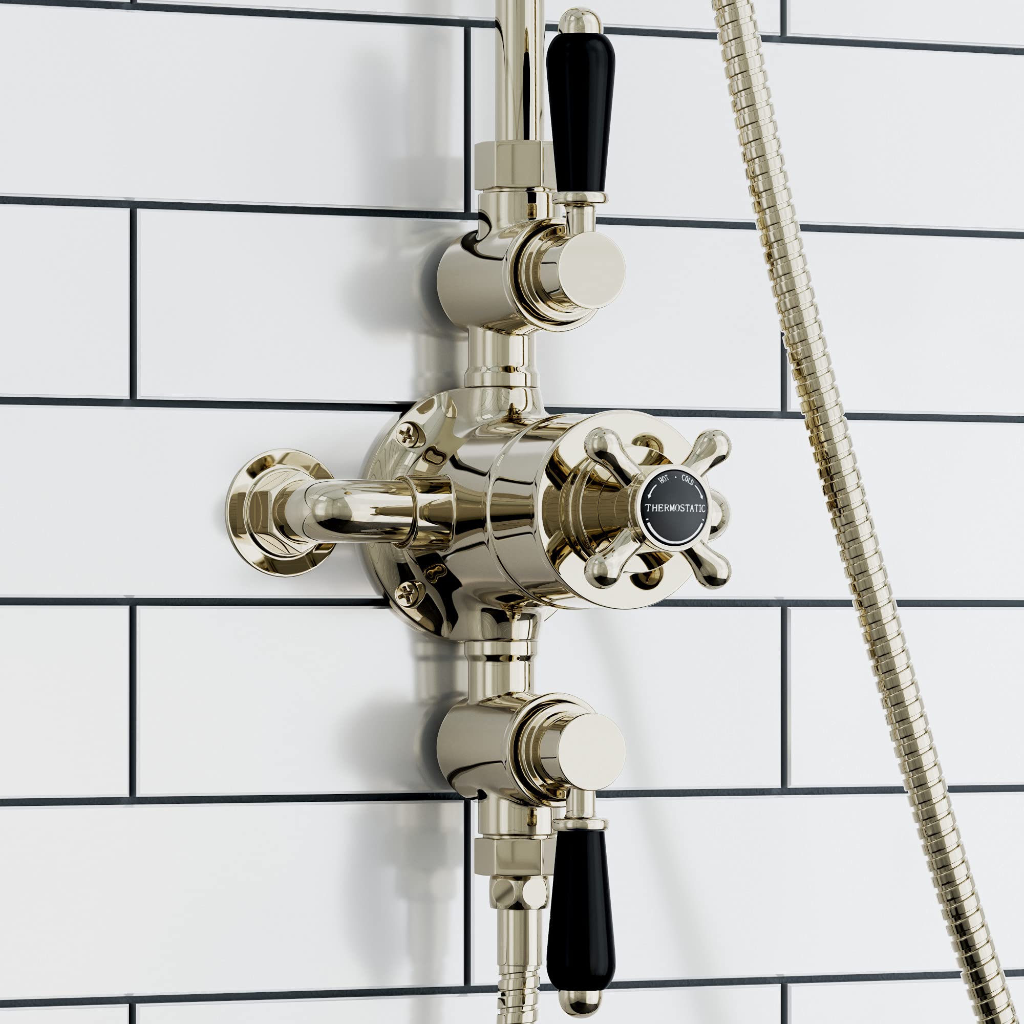 ENKI Downton T89 Double Shower Unit with Triple Thermostatic Valve - Gold & Black Shower Tap Attachment for Bathroom