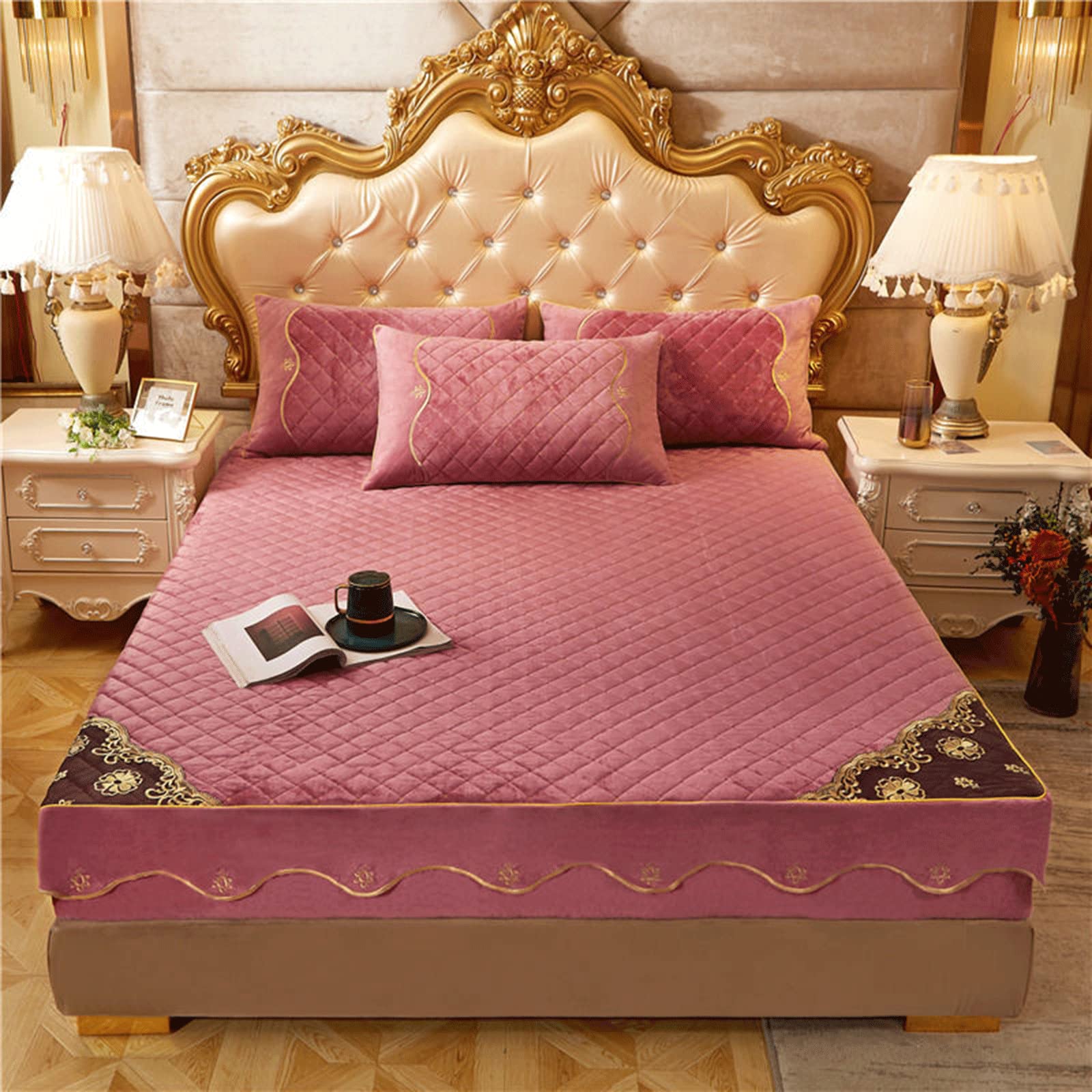 Luxus Matratzenschoner Einzel Doppel Tagesdecke – 30 Cm Extra Tief Angepasste Matratzenbezüge Kristall Samt Gesteppte Bettdecke – Ultraweiche Matratzenauflage, Schlafzimmerdekoration,Pink-200x220cm