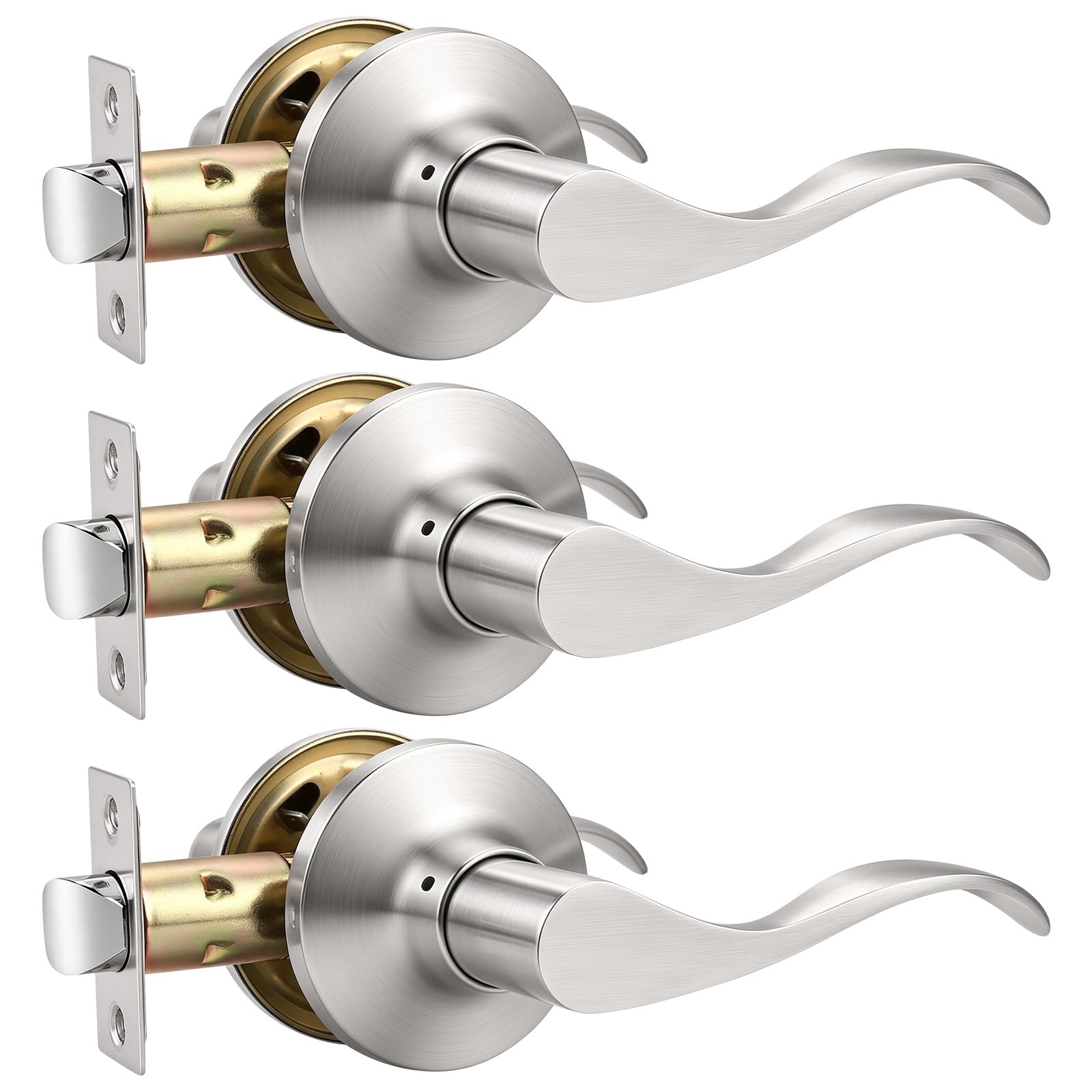 Mengico 3 Pack Satin Nickel Modern Interior Passage Door Knobs, Keyless Door Handle for Hallway &amp; Closet, Wave Style Non-Locking Door Lever Reversible for Left &amp; Right Handed