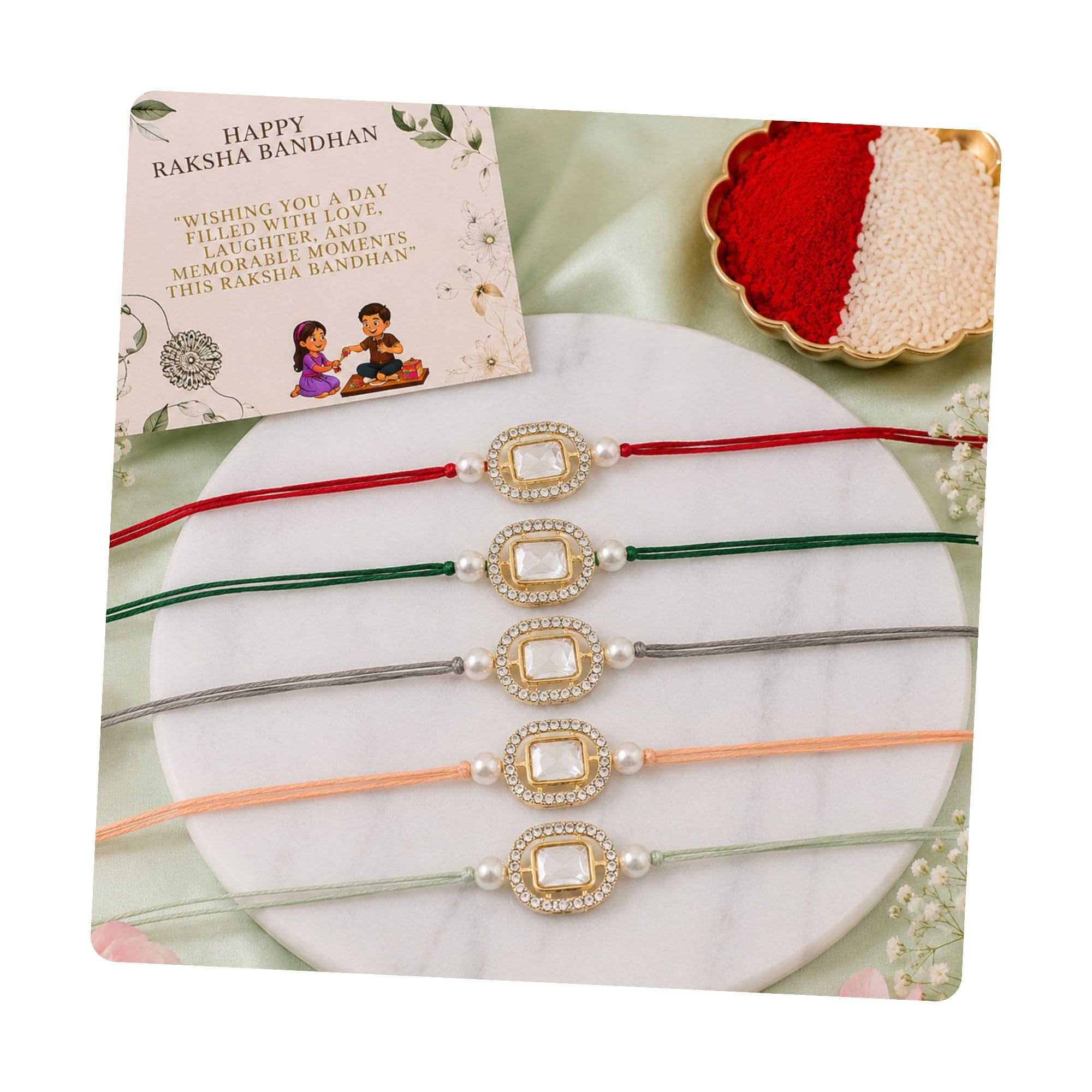 Stone Pearl Combo Bhaiya Rakhi With Roli Chawal & Rakshabandhan Greeting Card for Brother/Bro/Bhai/Men (R155M-G-Gr-Pe-Min)(Set Of 5)-image-12