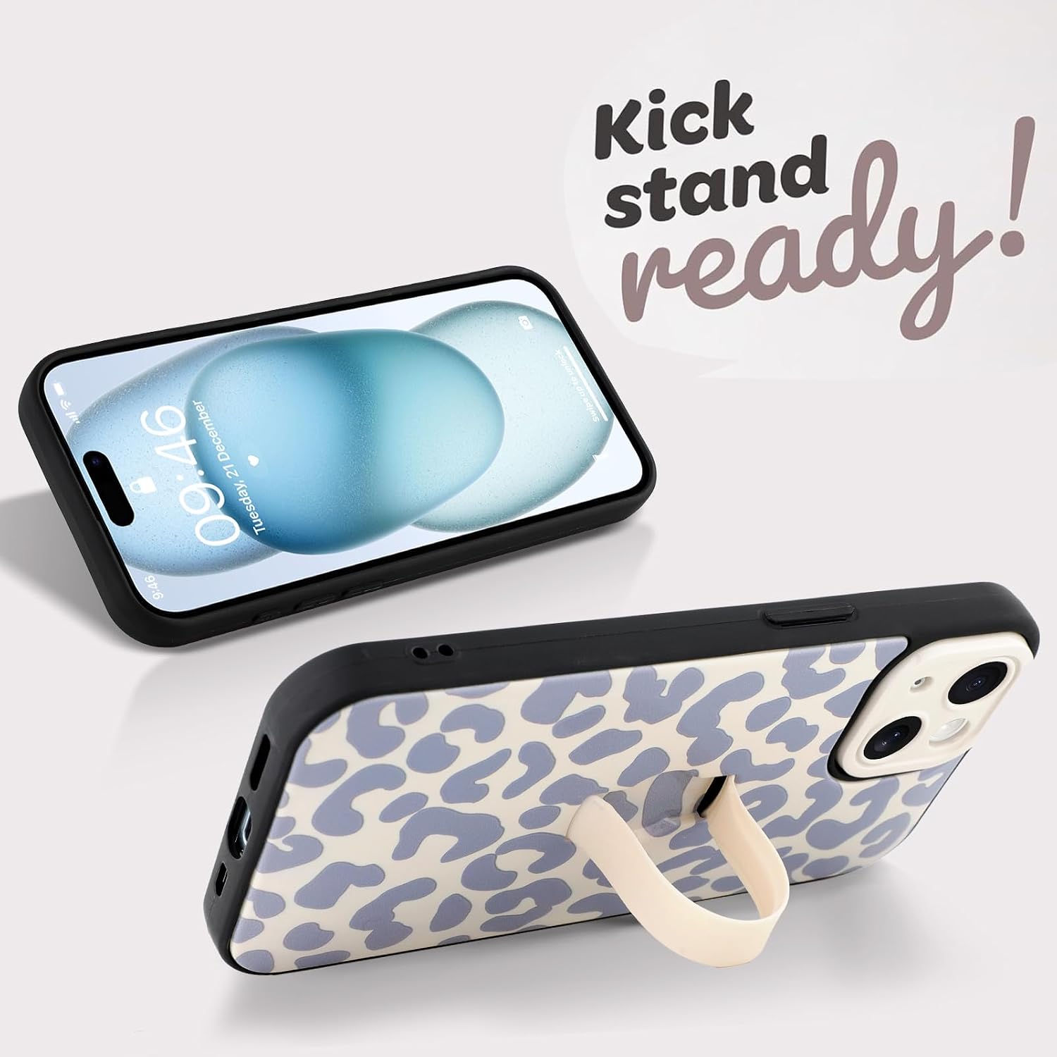 Cute for iPhone 15 Case with Strap Stand, White Leopard image 4