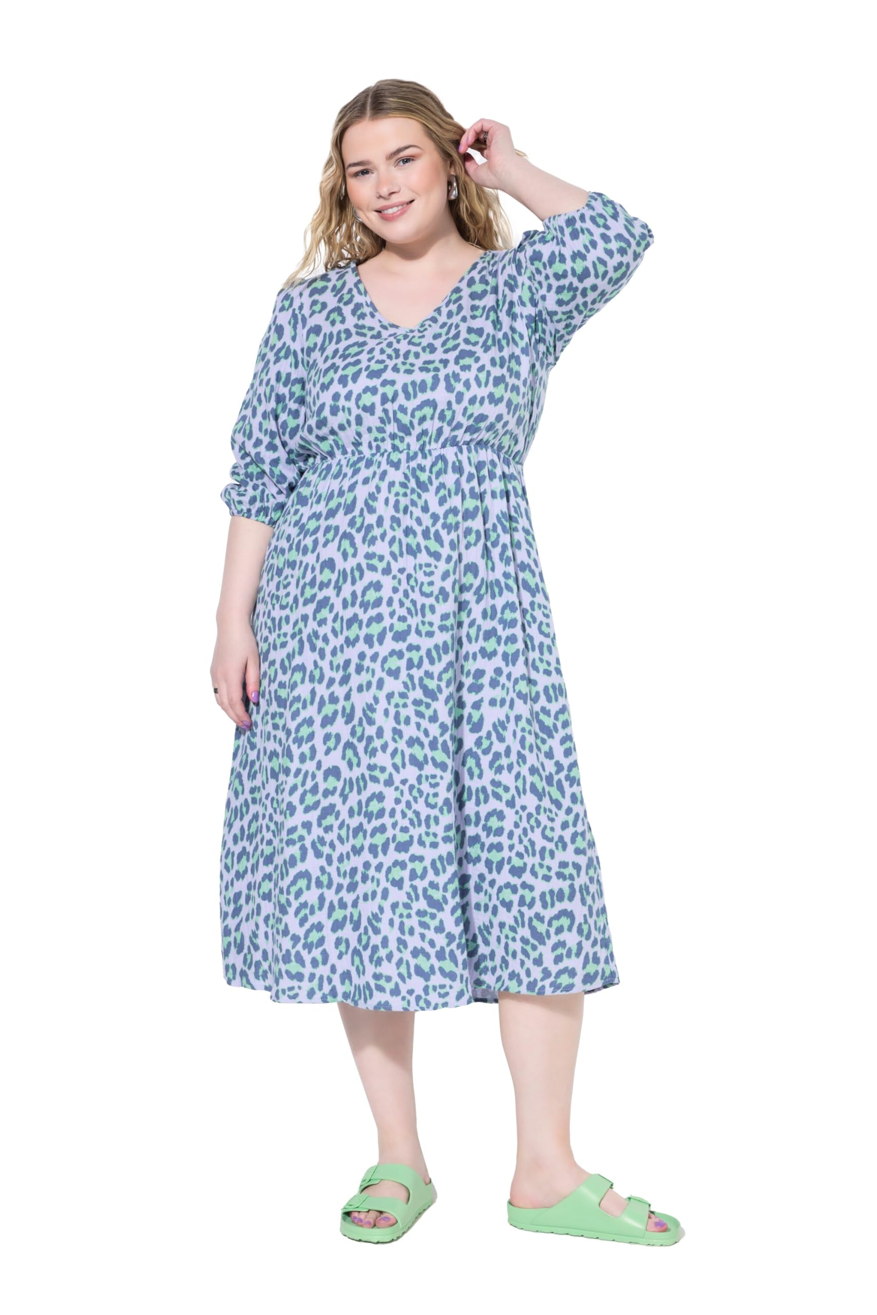 Studio Untold Damen große Größen Übergrößen Plus Size Midikleid, A-Line, Color-Leo, Puffärmel 840504