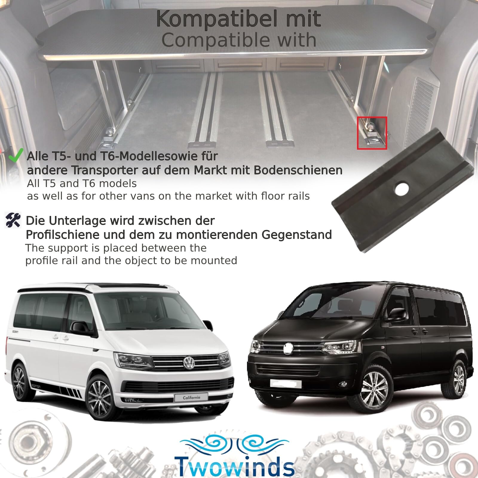 Twowinds Uchwyt na szynę Stojak Ładowanie Prowadnica Wewnętrzna Prowadnica Przesuwne Meble mocujące, Frigo, Potty, Kompatybilny z VW T5 T6 Multivan Transporter California (8 sztuk)