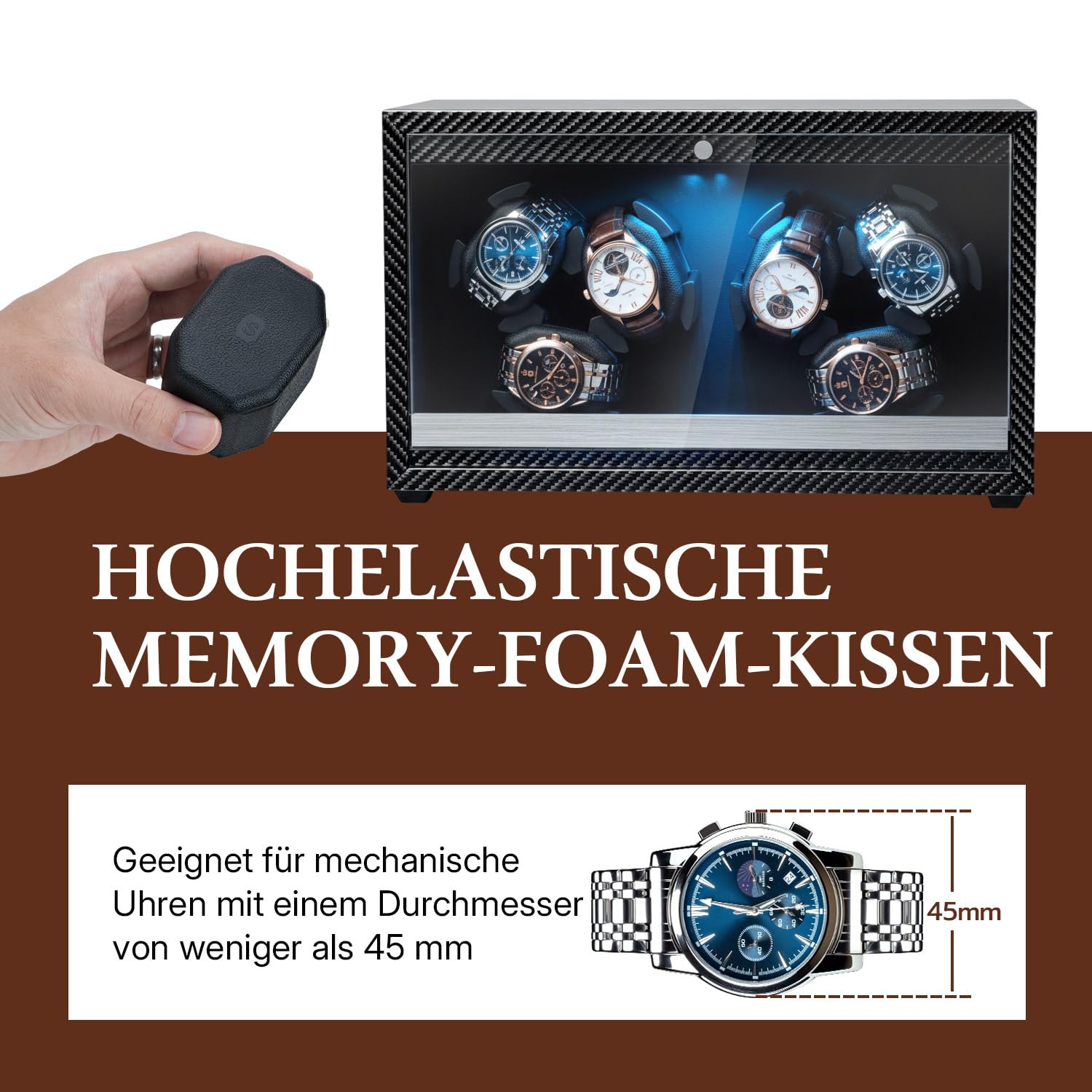 Mcbazel Automatischer Uhrenbeweger für 6 Uhren mit LED-Licht, Ultra-Leiser Motor 4 Rotationsmodi Watch Winder USB DC Betrieben, Geeignet für Uhren bis 45 mm - Carbonfaser-Muster
