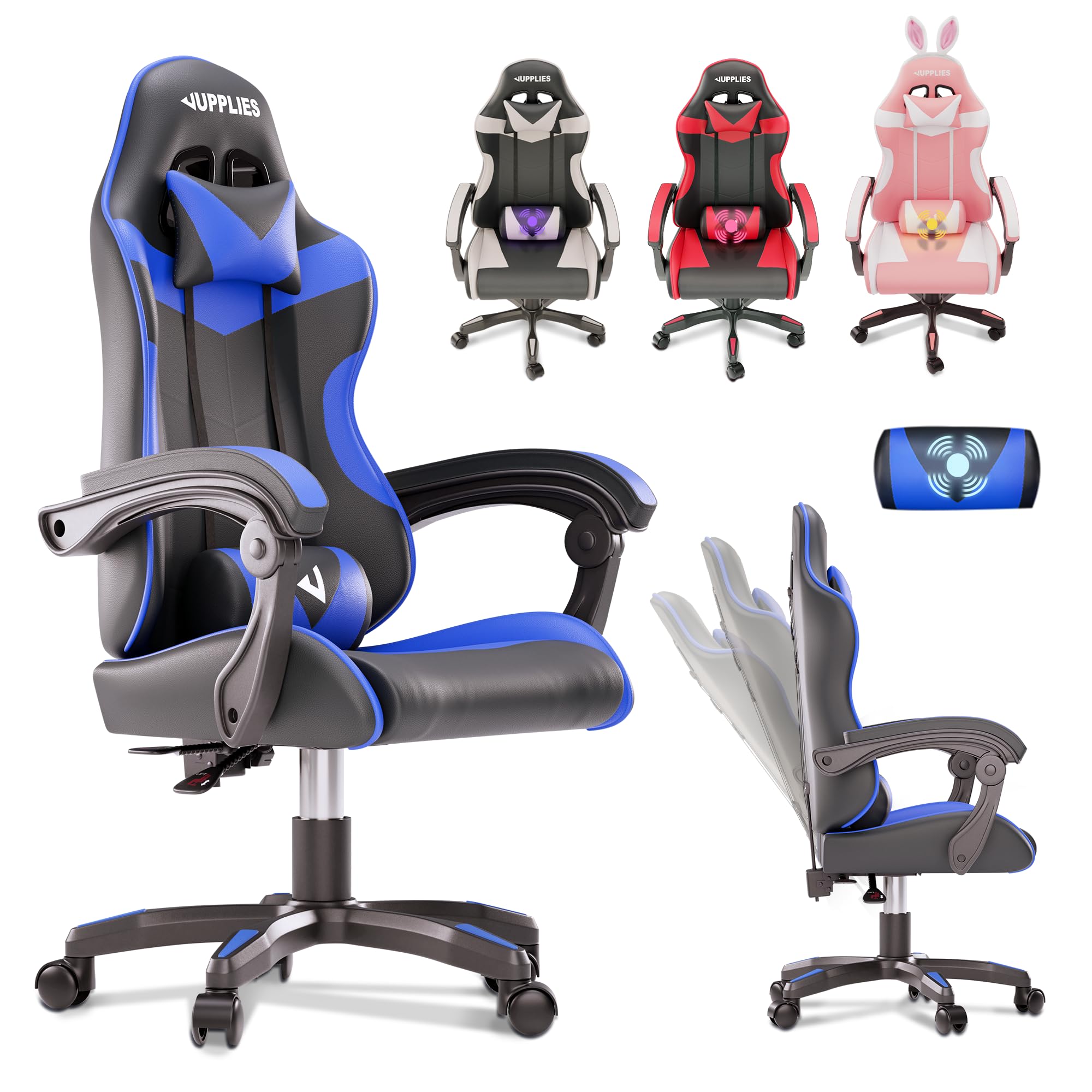 JUPPLIES Professional Gaming Chair with Massager – Ergonomic Office Chair without Footrest, Adjustable Height and Folding Back – Gaming Chair