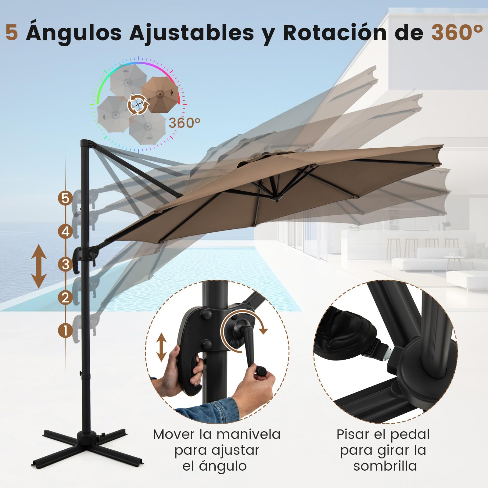 COSTWAY Sombrilla Terraza Exterior 3x3 m, Parasol Jardin Redondo con Rotación de 360°, Base Cruzada, 5 Inclinaciones Ajustables, 8 Varillas, Manivela, Sombrilla Excéntrica para Jardín Patio
