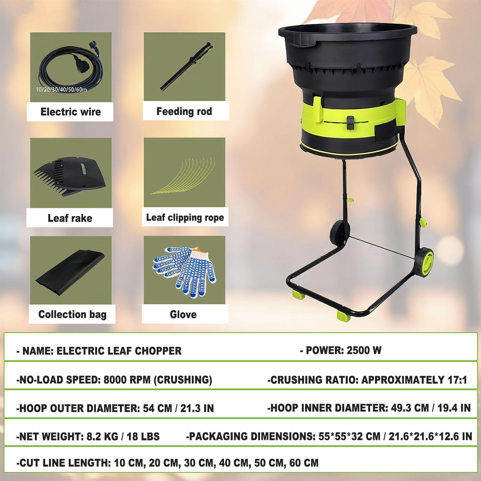 Trituradora eléctrica de hojas, trituradora de jardín de 2500 W con ruedas, 8000 RPM para limpieza de patio, incluye bolsa de almacenamiento, herramienta eficiente para cubrir hojas