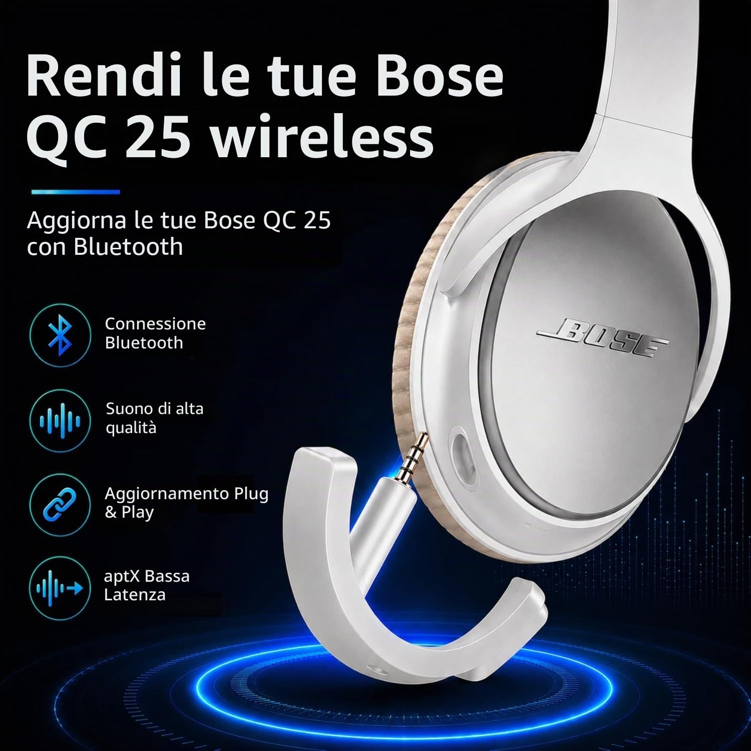 Adattatore Bluetooth wireless per cuffie Bose QuietComfort QC 25 con controllo del volume e microfono Bianco + microfono.
