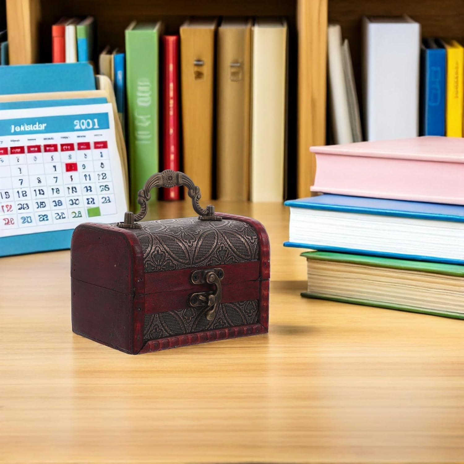 3pcs Red Wooden Treasure Chest Jewelry Storage Box with Lock for Home