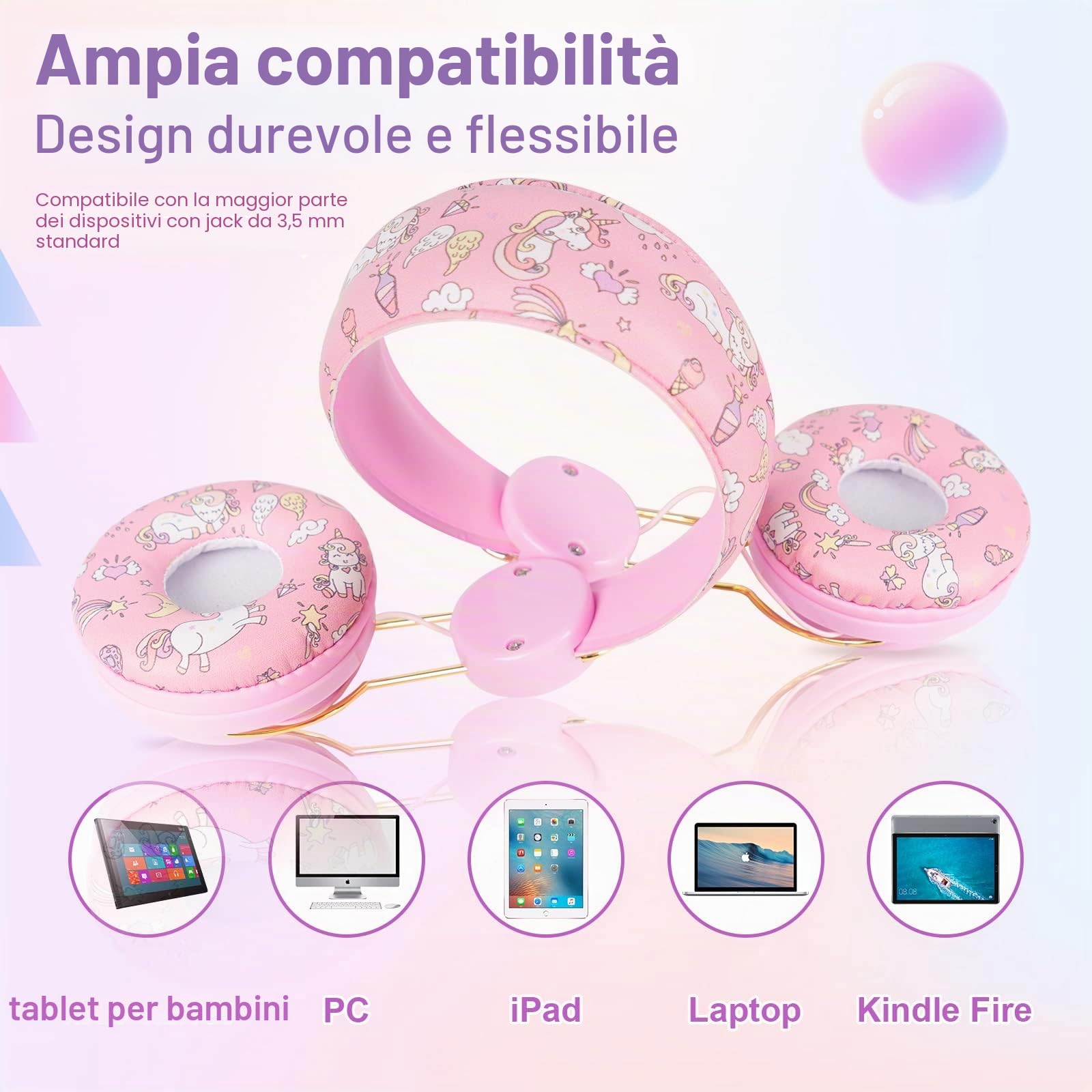 JYPS Cuffie Bambina, Cuffie Per Bambini Unicorno Con Filo e Microfono, Suono HD Stereo, Musica Bambino Headphones Over Ear Pieghevoli Per Ragazza, per Scuola/Tablet/PC