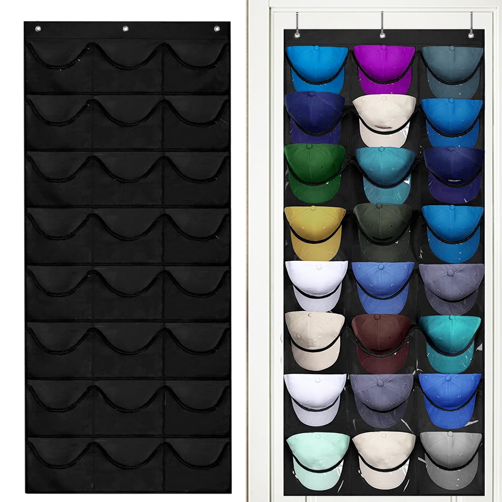 Porta Berretto,Porta Cappelli da Baseball,Portas Cappelli da Armadio con 24 Tasche,Contiene 24 Cappellis,Organizer Cappellis Sulla Portas (Nero)