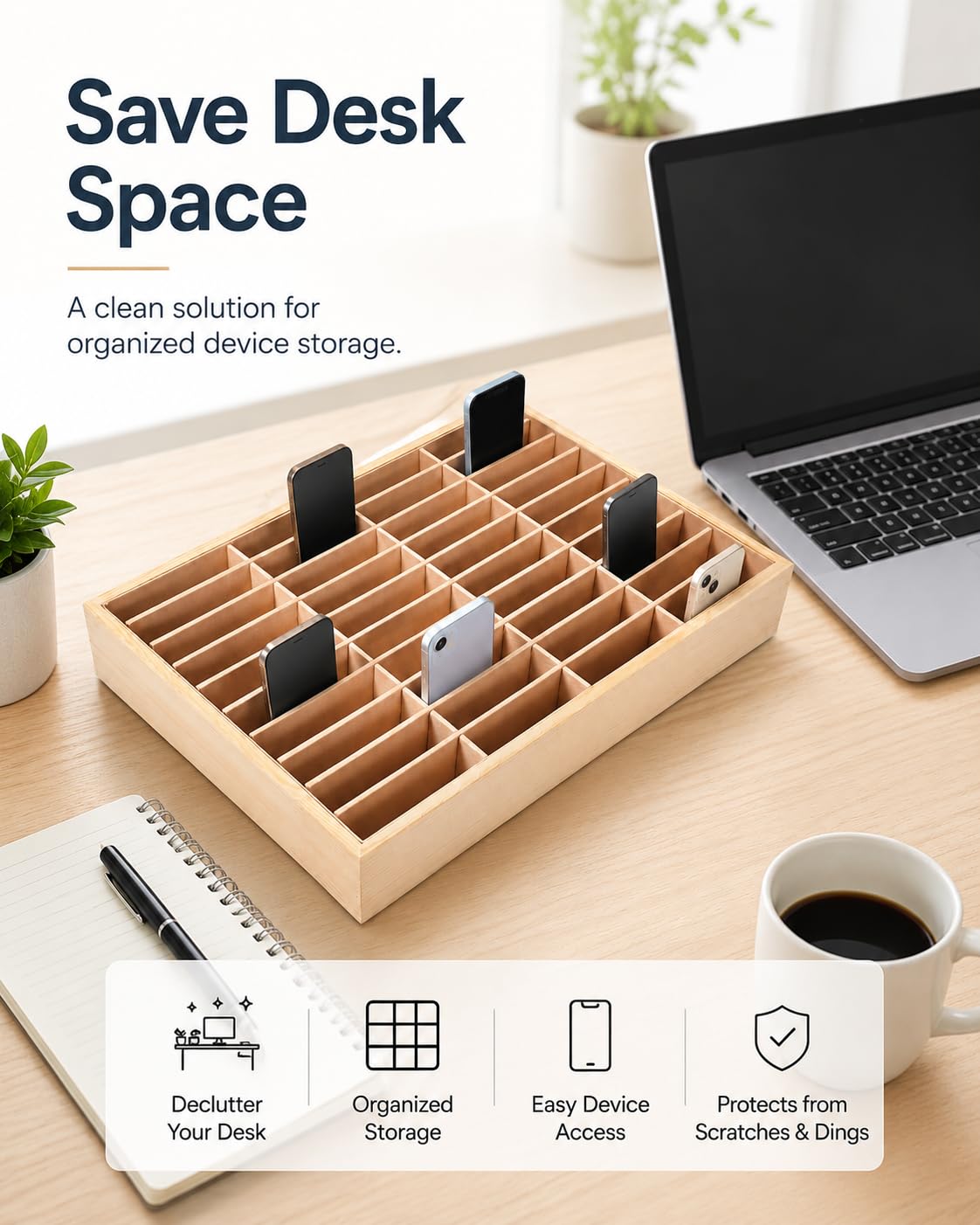 PRETYZOOM Scatola Di Immagazzinaggio In Legno Per Telefoni Cellulari A 40 Griglie Supporto Del Telefono Cellulare Da Scrivania Con Fodera In Peluche Vassoio Organizzatore Rettangolare Per