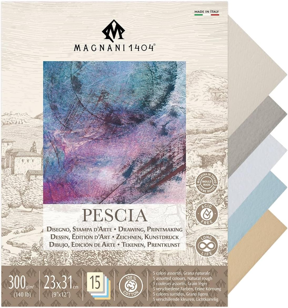 Magnani 1404 Pescia Drawing and Printmaking Paper Pad for Artists, 9x12, 15 Sheets, White, 140 lb (300gsm), Acid-Free 100% Cotton Paper for Etching, Engraving & Silkscreen, Archival Quality
