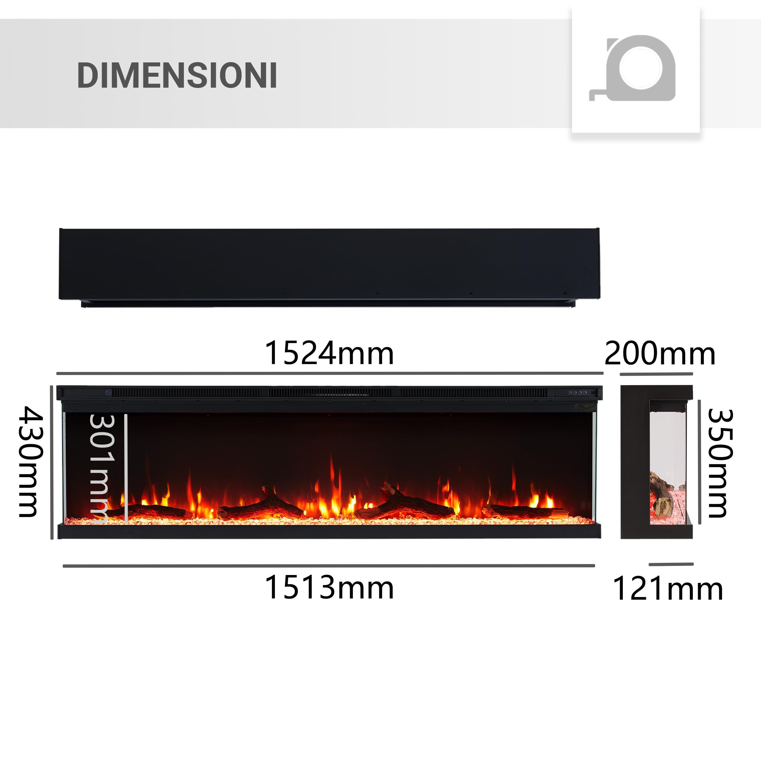 BALDERIA Camino elettrico Orson | Camino elettrico da parete/incasso, effetto fiamma LED 3D, dimmerabile, camino con riscaldamento da 1800 W di potenza, timer (60")