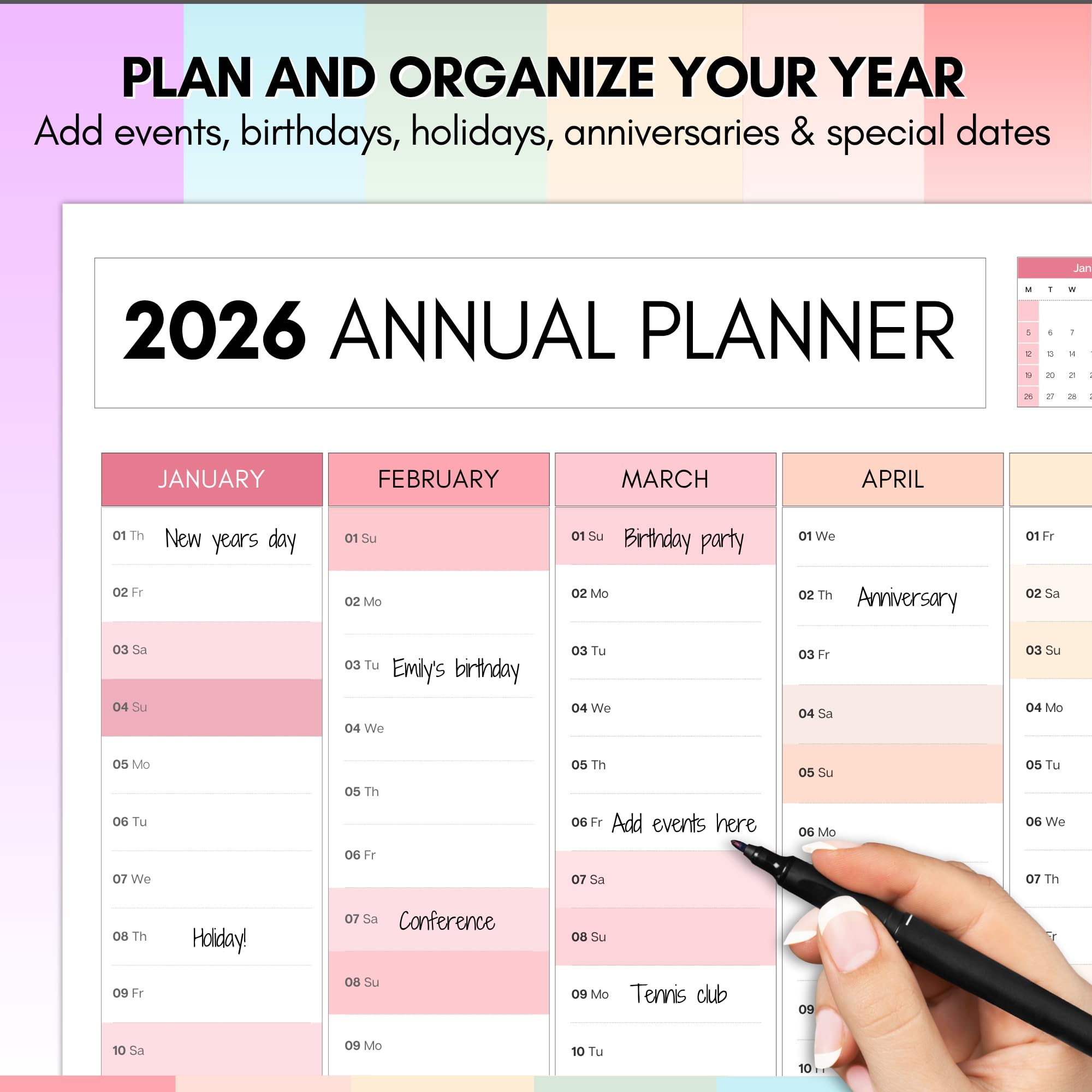2026 Planificador Mensual Gigante de Pared, A0 119 cm x 84 cm | IMPRESIÓN GIGANTE DOBLE LADO, Calendario de Pared Arcoíris 2026, Planificador Anual, Vista Completa del Año | Organizador para Oficina