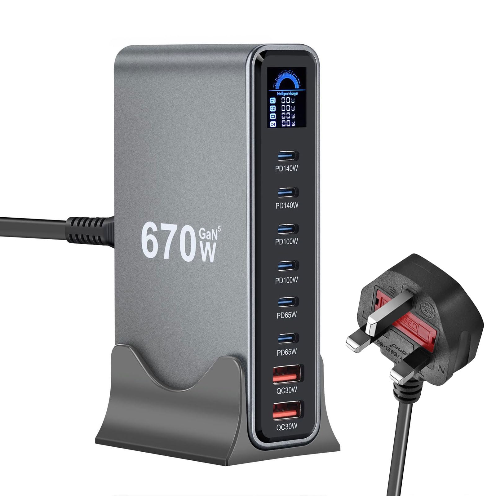 Station de charge USB de bureau avec écran LCD intelligent 540 W/670 W - Station de charge rapide USB pour tablette, smartphone, écran LCD, plusieurs ports, appareil rapide