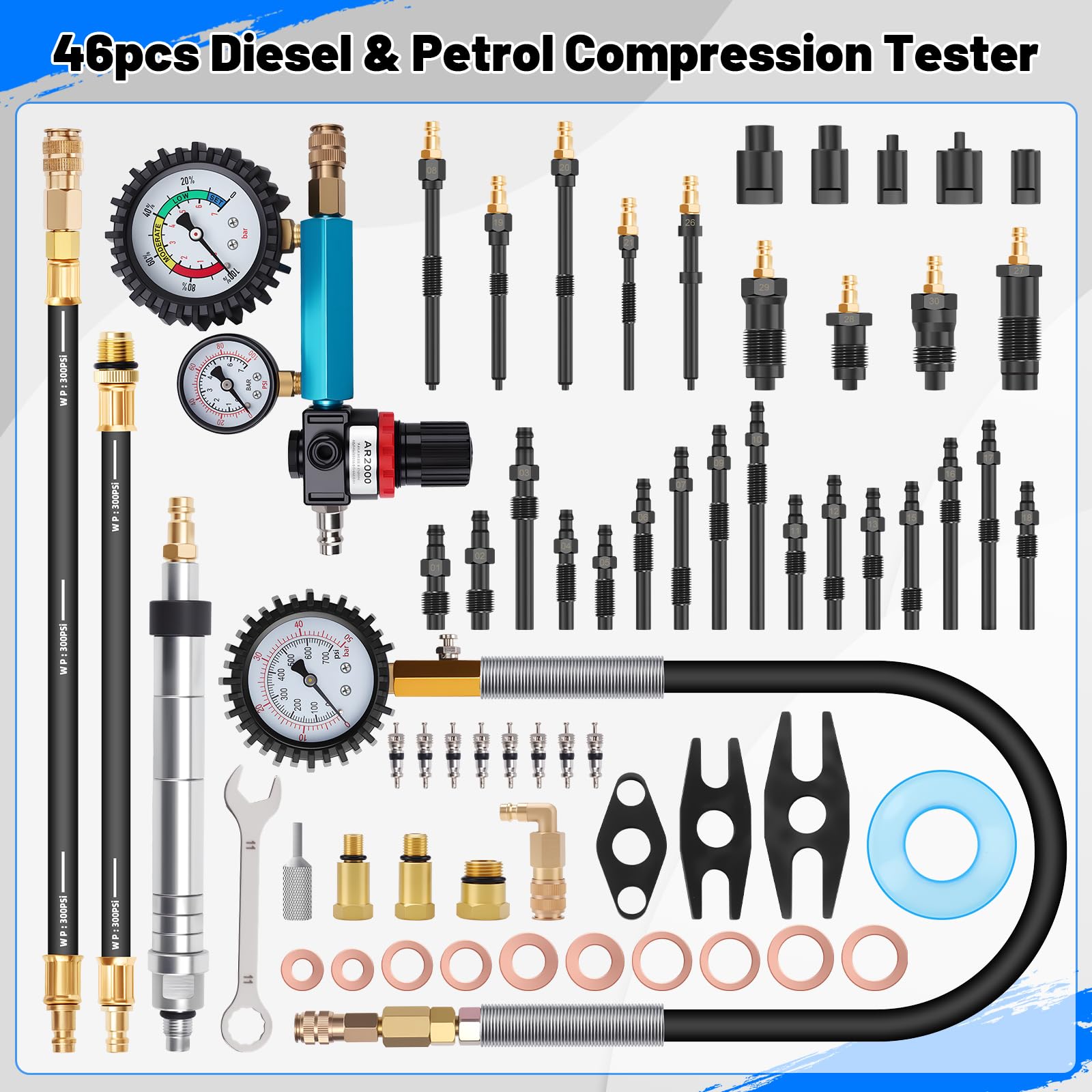KAOLALI 46Pcs Comprobador de Compresión, Comprobador de Pérdida de Presión, 0-725 PSI, Comprobador de Motores para Motores Diésel y Gasolina HDi, Autos y Camiones, M24, M22, M20, M14, M12, M10, M8