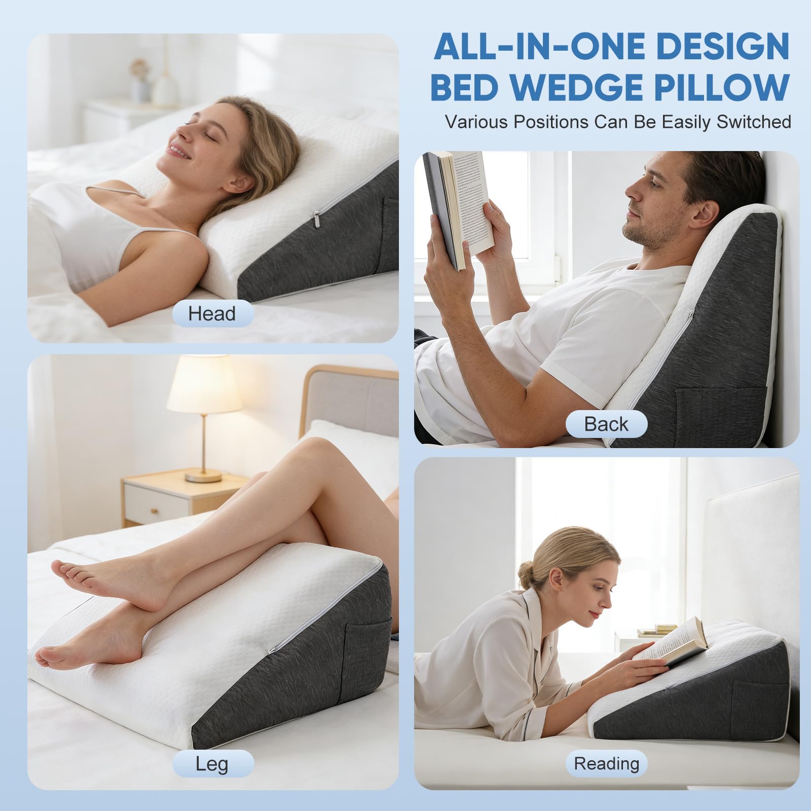 Cuscino a cuneo per letto e divano, doppio cuscino da lettura per alzare il sonno, per apnea del sonno da reflusso, rialzatore, cuscino per supporto per la schiena durante il gioco, 50 x 50 x 26 cm