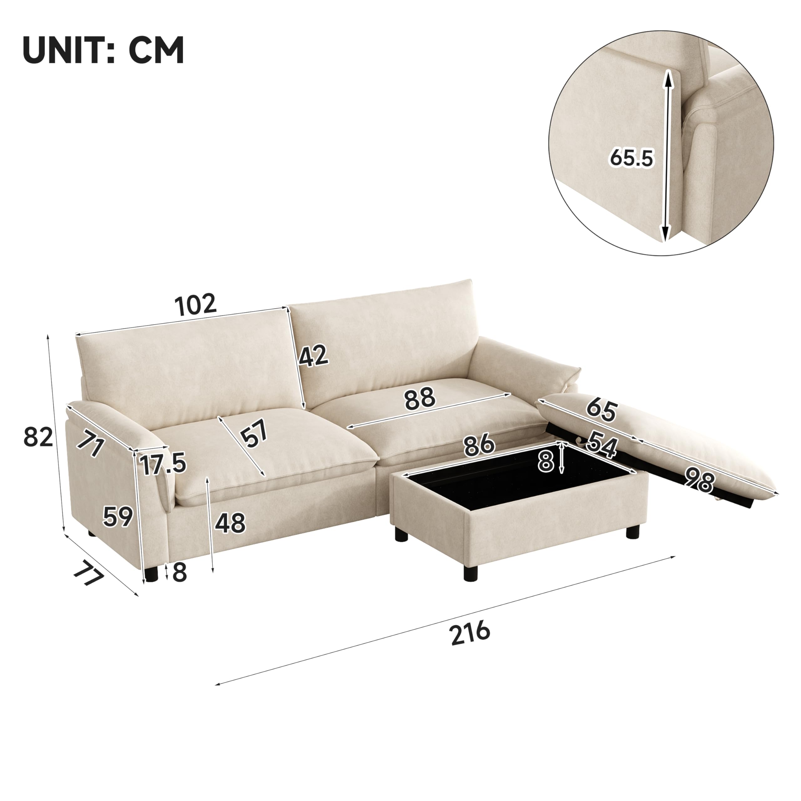 Merax Ecksofa L-Form 2-Sitzer Cloud Sofa mit Stauraum, Modulare Couch mit Flexibler Ottomane, Kleines Schlafsofa Polstersofa mit hoher Rückenlehne für Wohnzimmer, 216cm, Beige