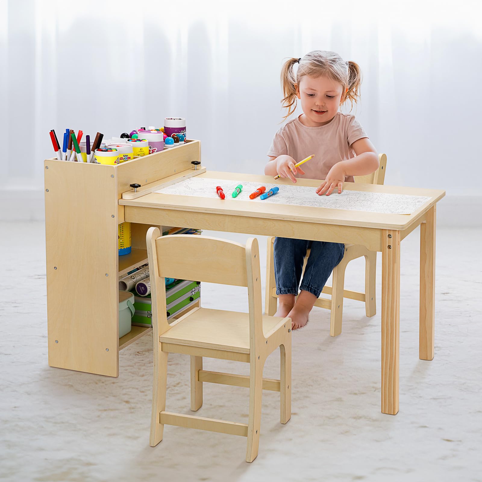 OOOK Kindertisch mit 2 Stühlen, Basteltisch Kindersitzgruppe mit Stauraum aus Holz, Aktivitätstisch Maltisch für Kinderzimmer, Klassenzimmer, Kindergarten