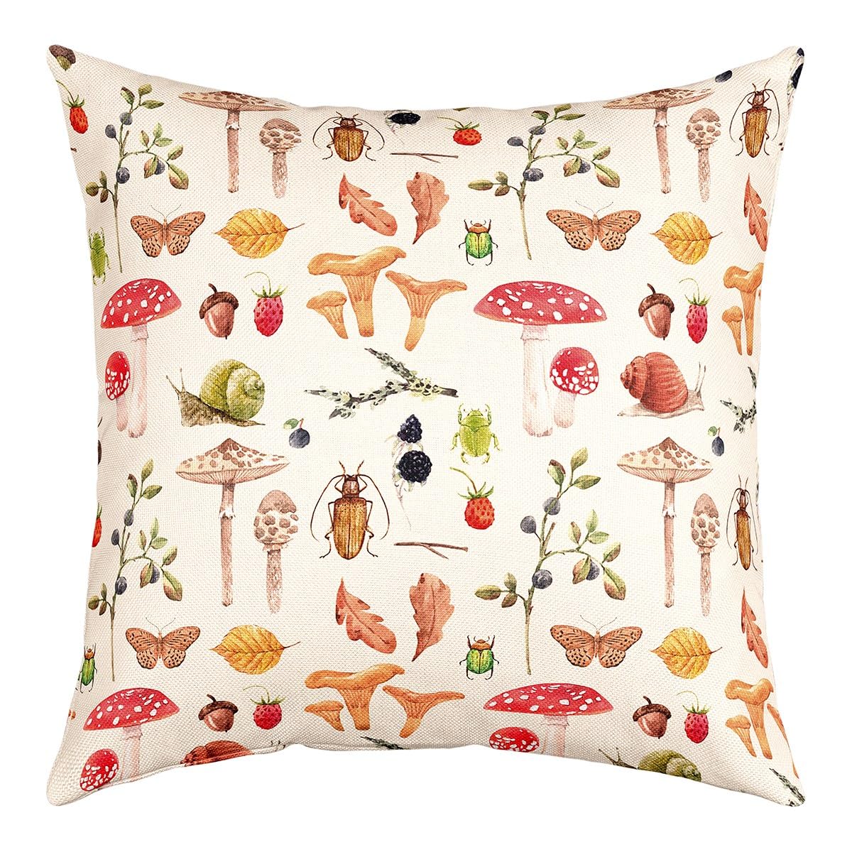 Nunubee Set 4 Federe Cuscino Quadrate 45x45 Cm Con Stampe Funghi Colorati - Lino, Decorazione Divano E Camera