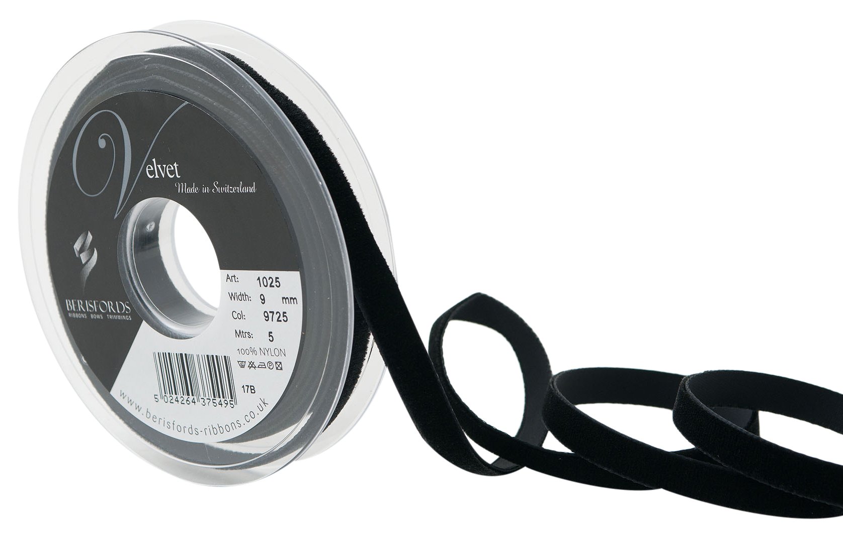 Berisfords Velvet Ribbon, Black, 9mm x 5m