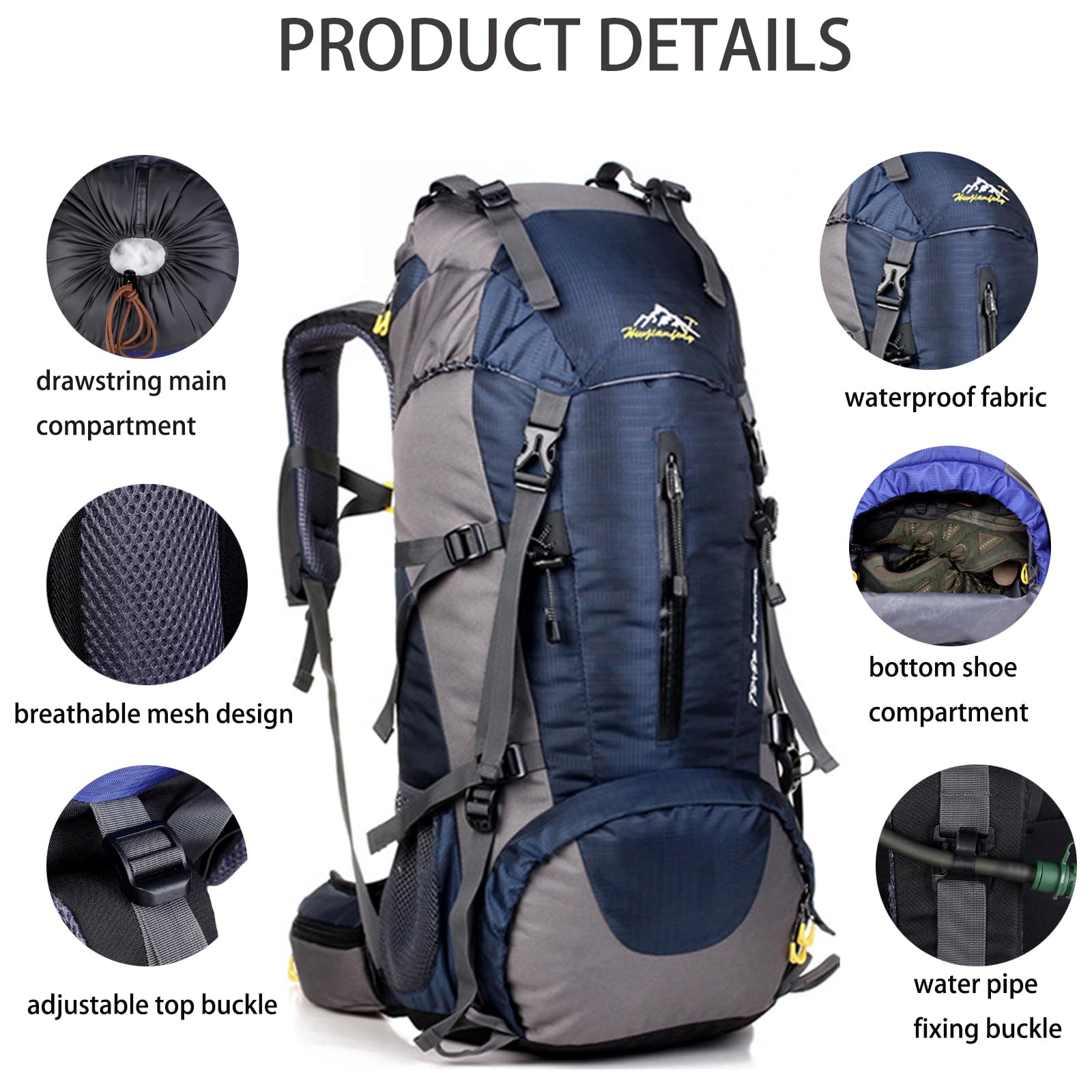 50 l Wanderrucksack, wasserdicht, leicht, mit Regenschutz, Outdoor-Sport, Reisen, Tagesrucksack für Männer und Frauen, Klettern, Camping, Touren, marineblau