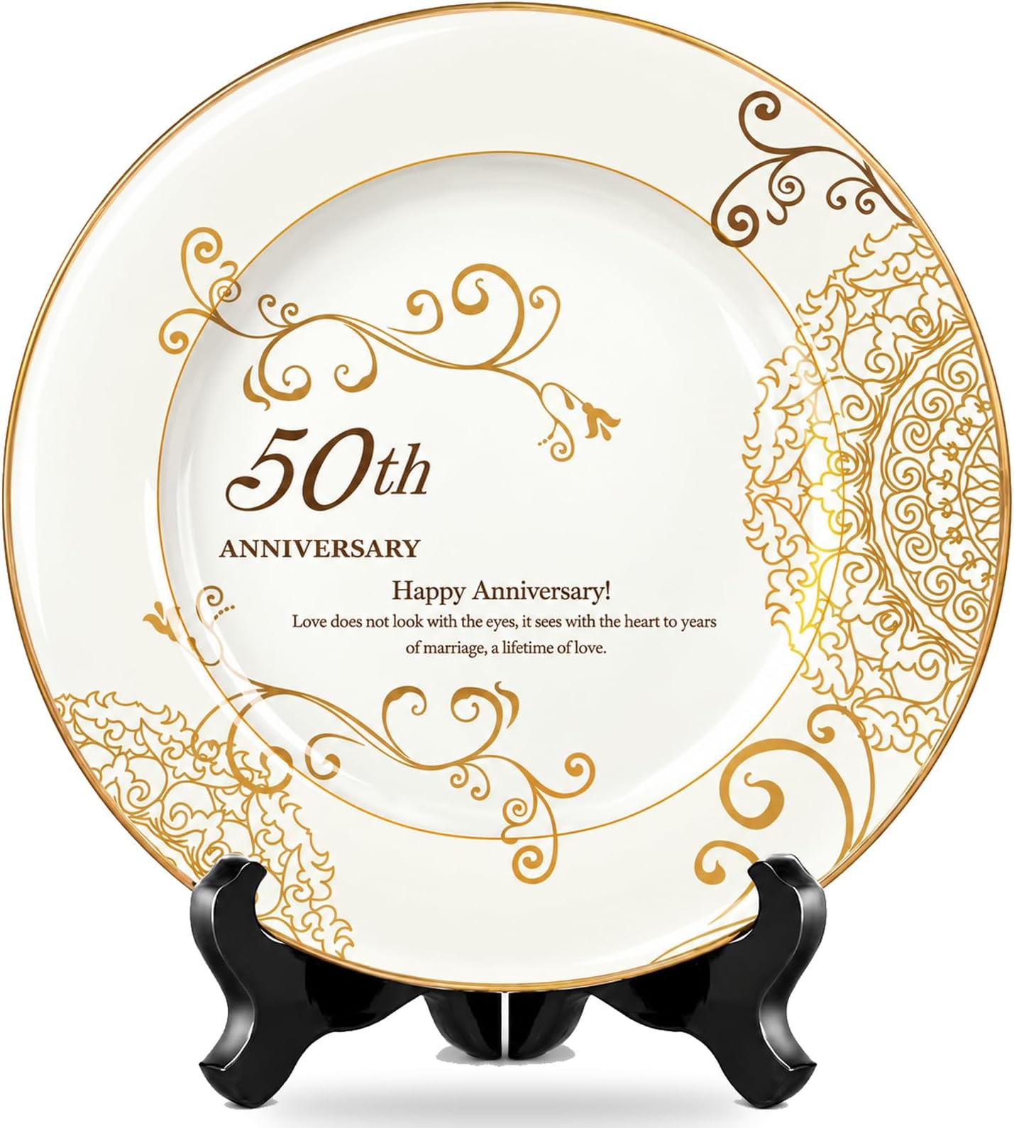 PuGez 50th Anniversary Wedding Gifts for Couple/Parents/Grandparents, 50th Golden Presents for Marriage, Gold Porcelain Keepsake Plate with Stand, 10 inch