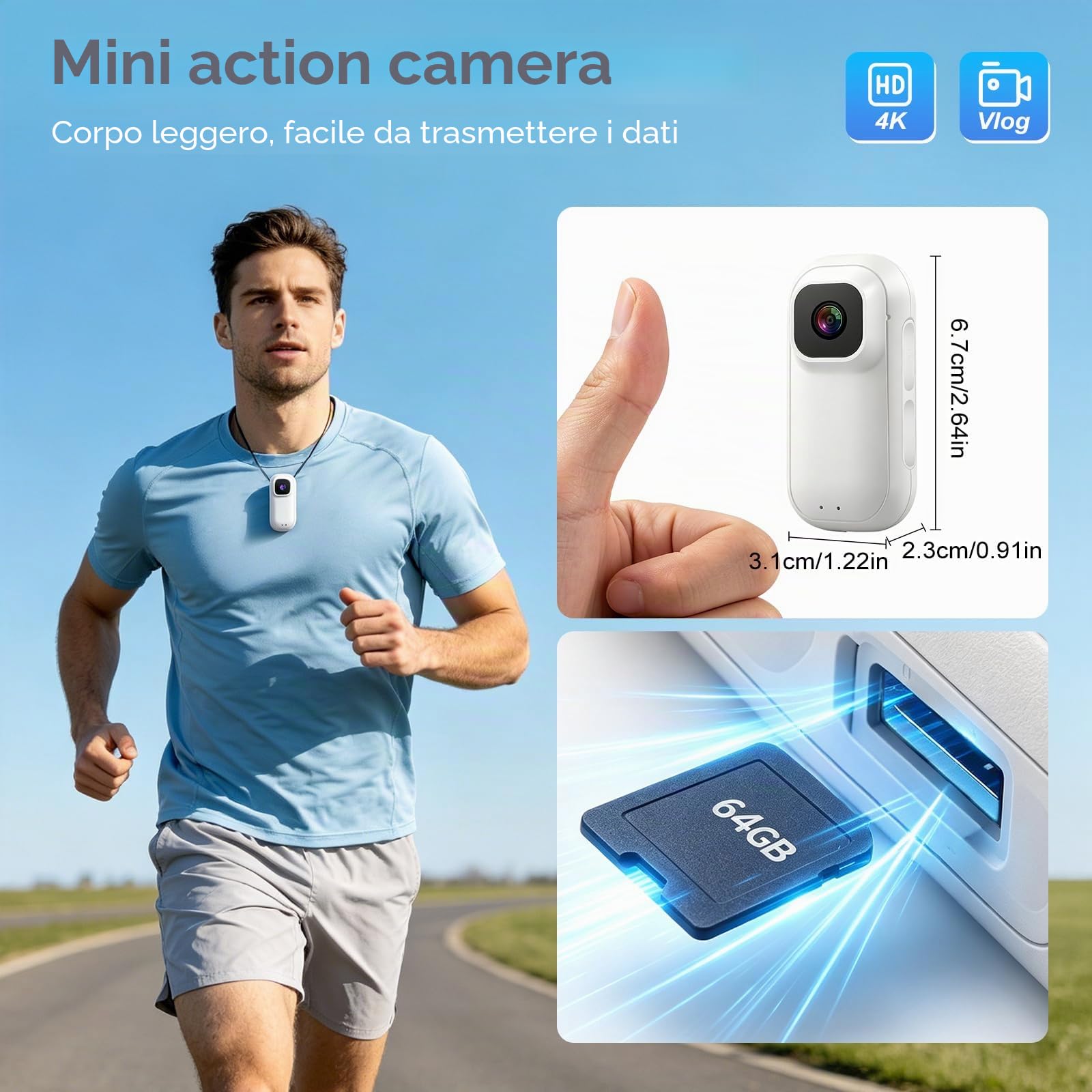 Mini videocamera d'azione 4K, con schermo girevole a 180°, magnetica, vivavoce, POV, con scheda da 64 GB, fotocamera subacquea impermeabile fino a 30 m, per ciclismo, moto, casco, animali domestici