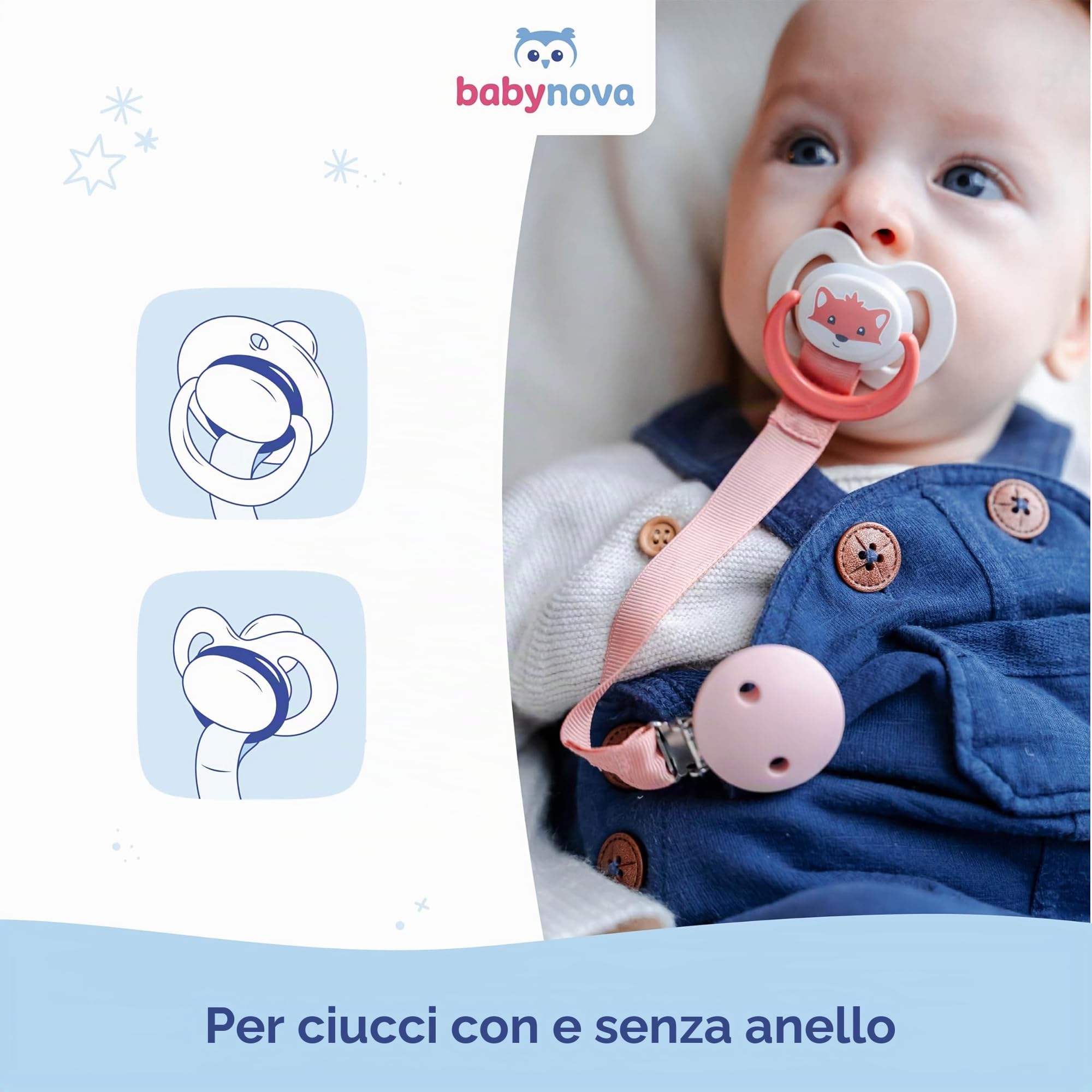 babynova Catenella portaciuccio con cinturino in tessuto, clip e anello in silicone – Portaciuccio per neonati – Adatto a qualsiasi ciuccio – Essenziale per neonati – Senza BPA – Blu