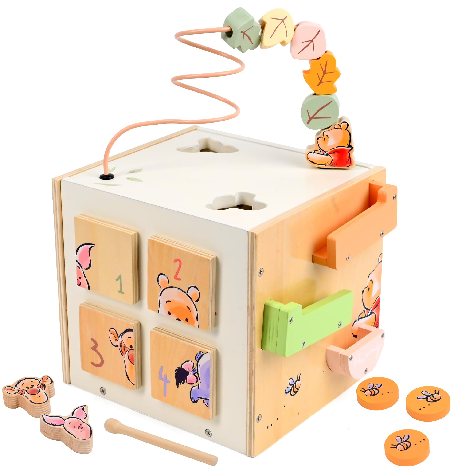 Disney Winnie the Pooh Wooden Activity Cube for Toddlers – Multi Activity Toy with Bead Maze, Shape Sorter, Xylophone and Puzzle – Early Learning Toy for Cognitive Development & Motor Skills – Age 1+
