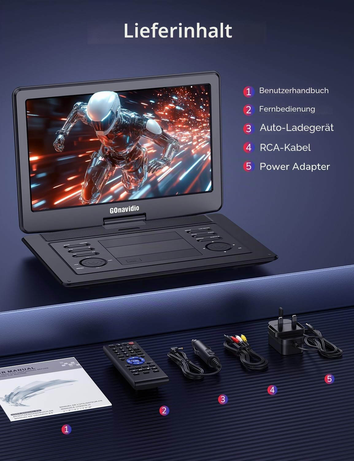 GOnavidio Tragbarer DVD-Player mit 40,6 cm (18 Zoll) großem Bildschirm, eingebauter 5H-Akku, 1600 x 900 hohe Auflösung, unterstützt HDMI-Eingang, Synchronisationsbildschirm, USB/TF, letzter Speicher
